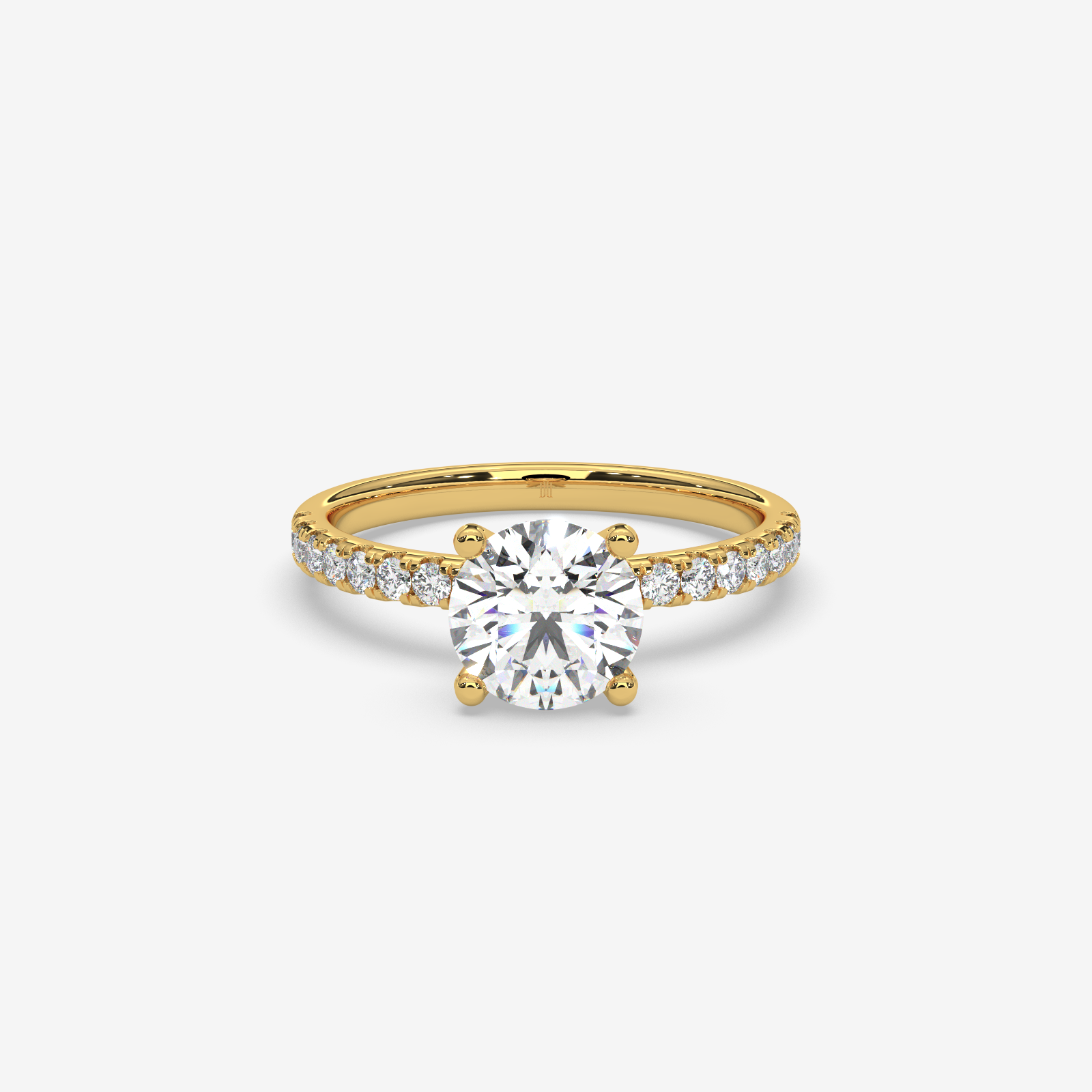 Classic Round Brilliant Solitaire Engagement Ring in 18K Gold | French Pave Diamond Band