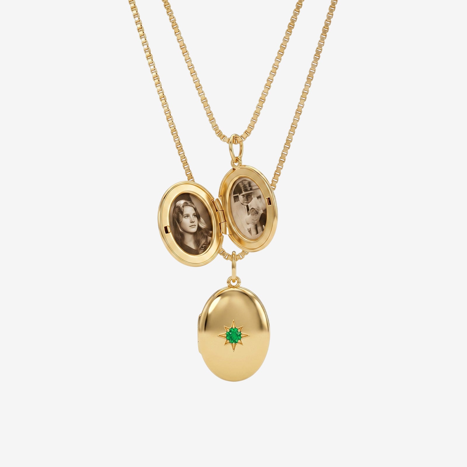 18k Gold Oval Locket Necklace with Star-Set Emerald | Heirloom Photo Locket