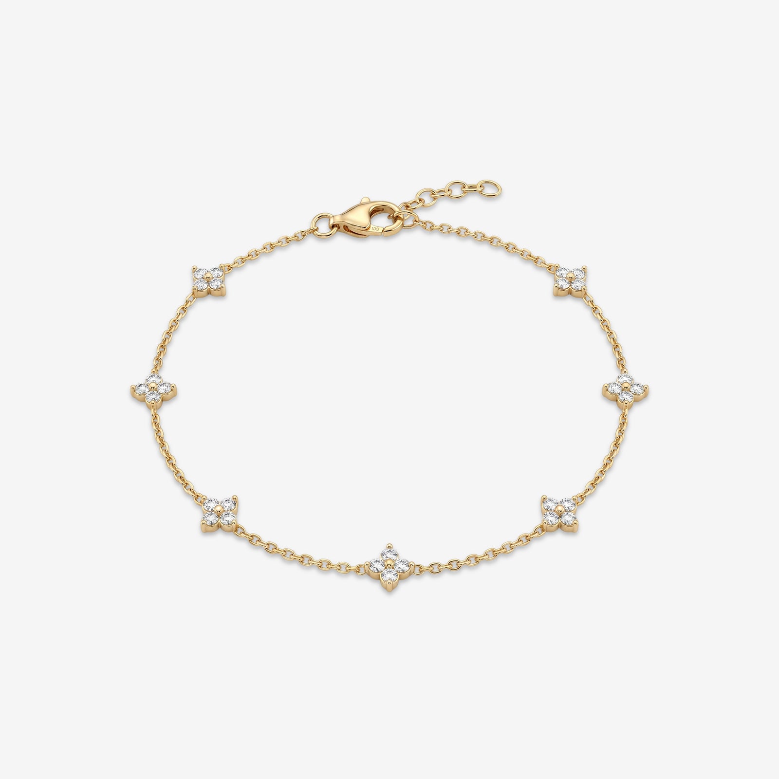 18k Gold Diamond Flower Station Bracelet | 7-Station Floral Clover Chain