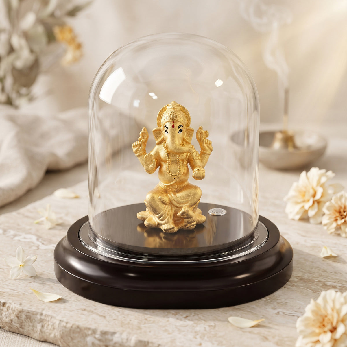 1.08g 24K Pure Gold Ganesha Idol in Acrylic Dome Display | 999.9 Fine Gold
