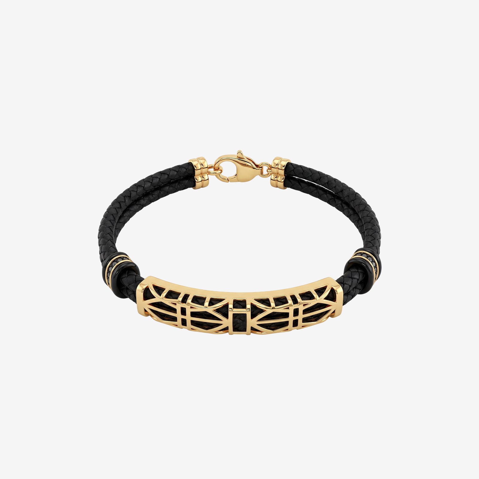 Men's 18k Gold and Black Woven Leather Bracelet | Geometric Filigree Design