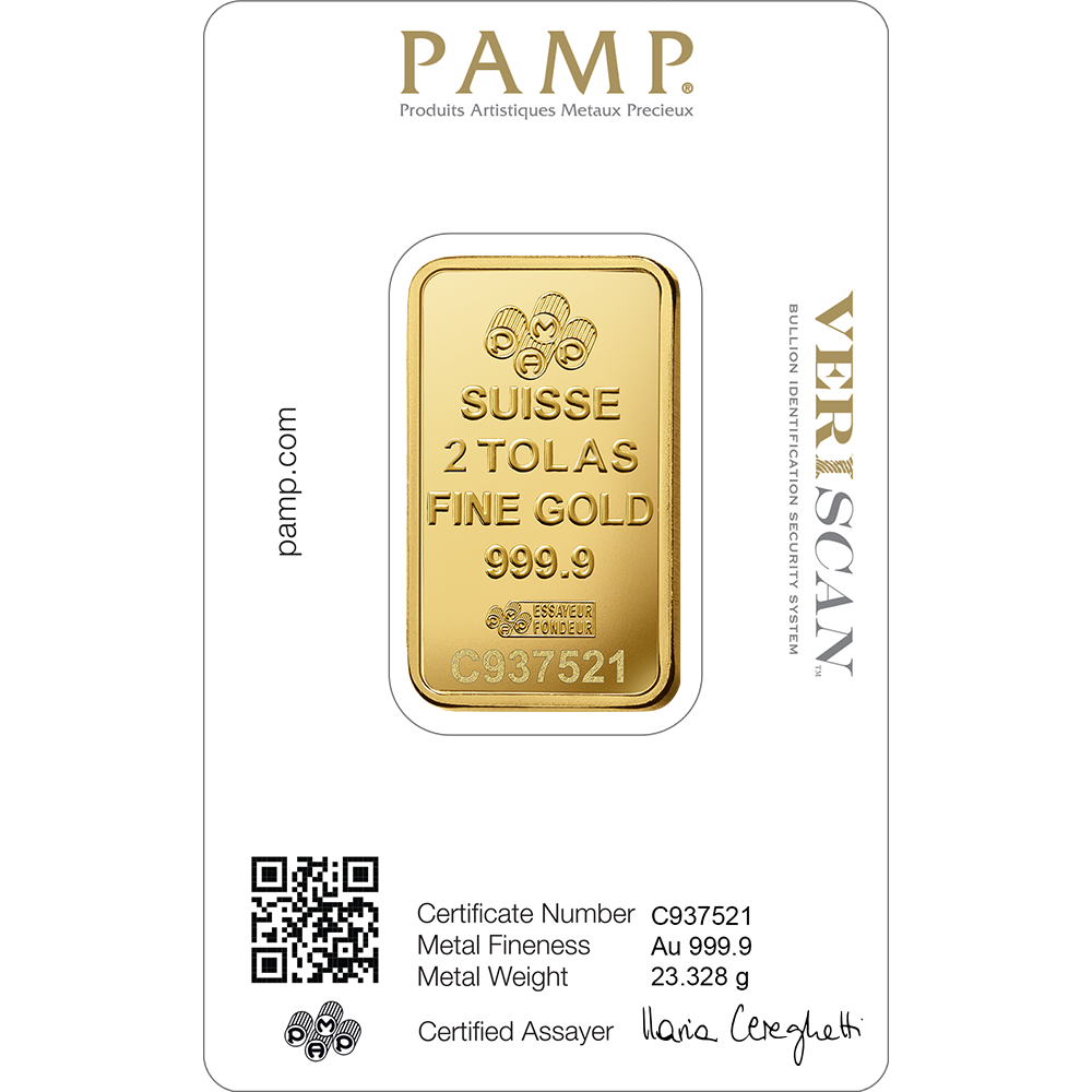 2 TOLA SUISSE PAMP GOLD BAR – 24K (999.9) PURE GOLD - SEALED & CERTIFIED