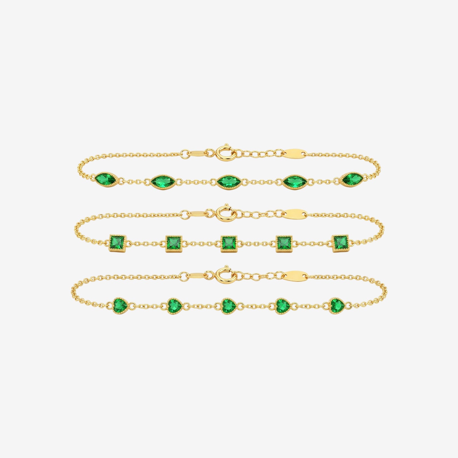 18k Solid Gold Emerald Bracelet | Natural Green Gemstone Dainty Chain Jewelry