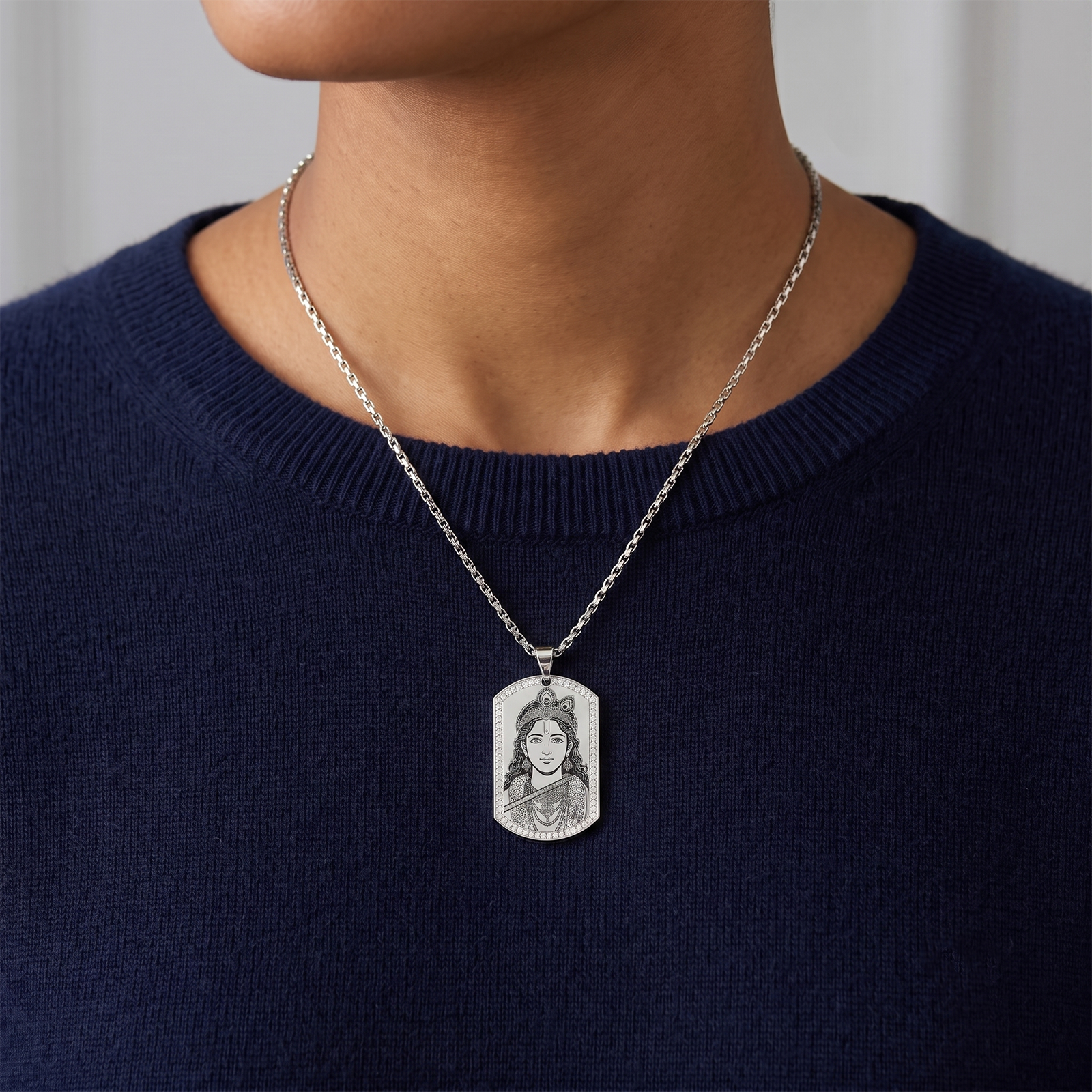 18K Gold Lord Krishna Pendant Necklace with Krishna Pranama Mantra | Diamond Frame Religious Jewelry