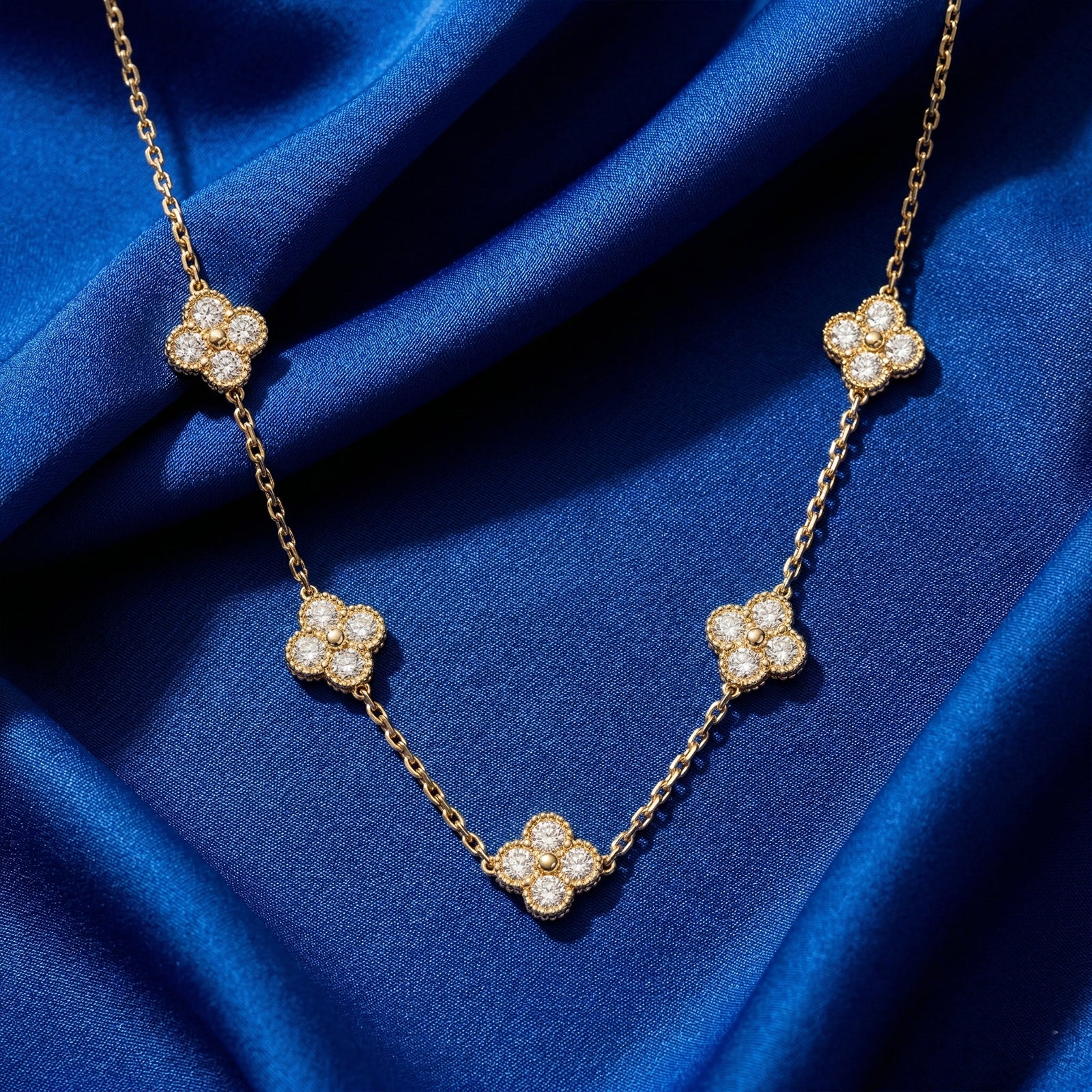 18k Gold & Diamond Alhambra-Style 5-Motif Clover Necklace