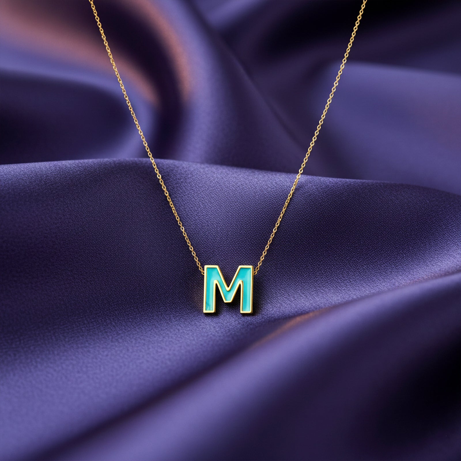 Custom 18k Gold Initial Necklace with Turquoise Enamel | Personalized Letter Pendant
