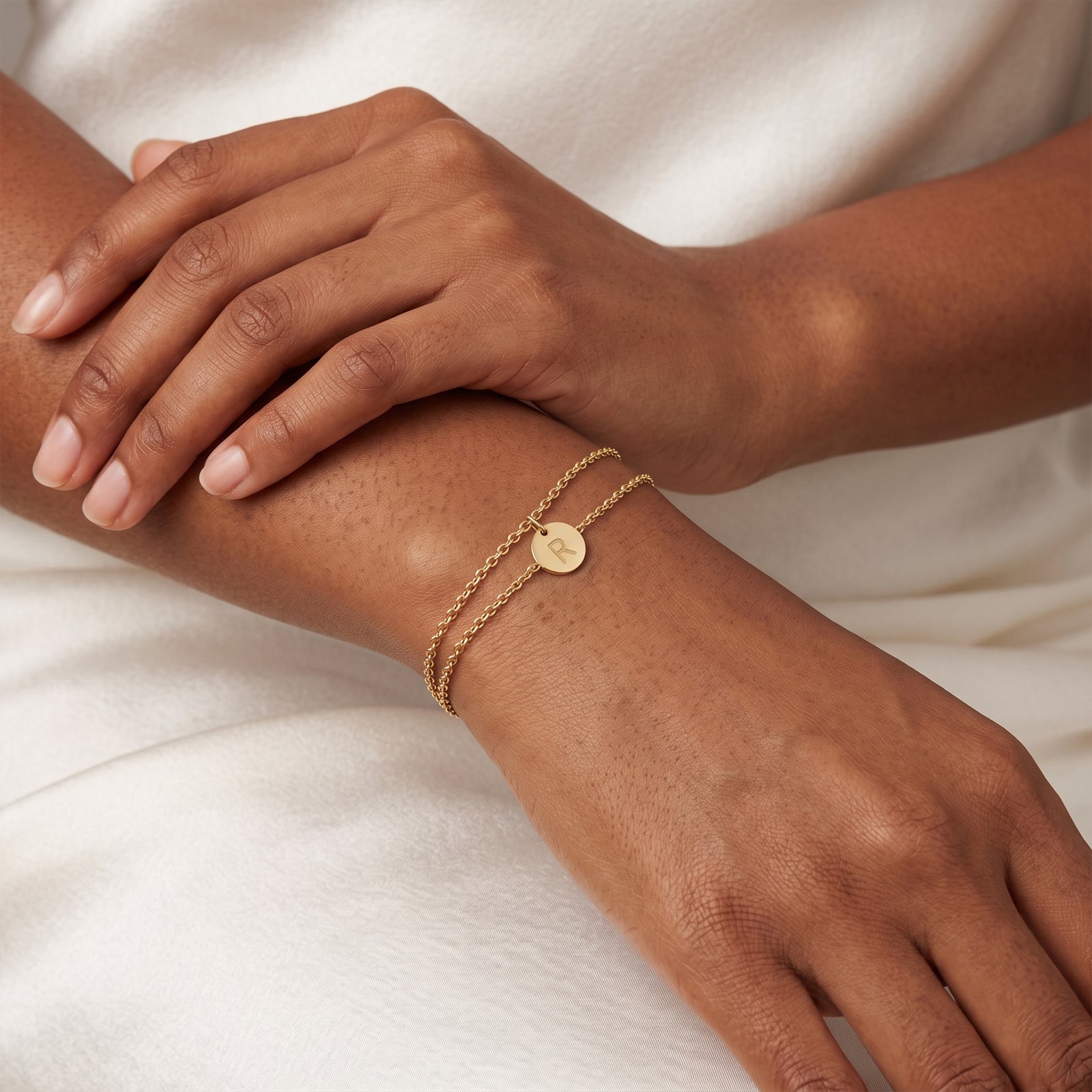 18k Solid Gold Personalized Initial Double Chain Disc Bracelet | Fine Jewellery