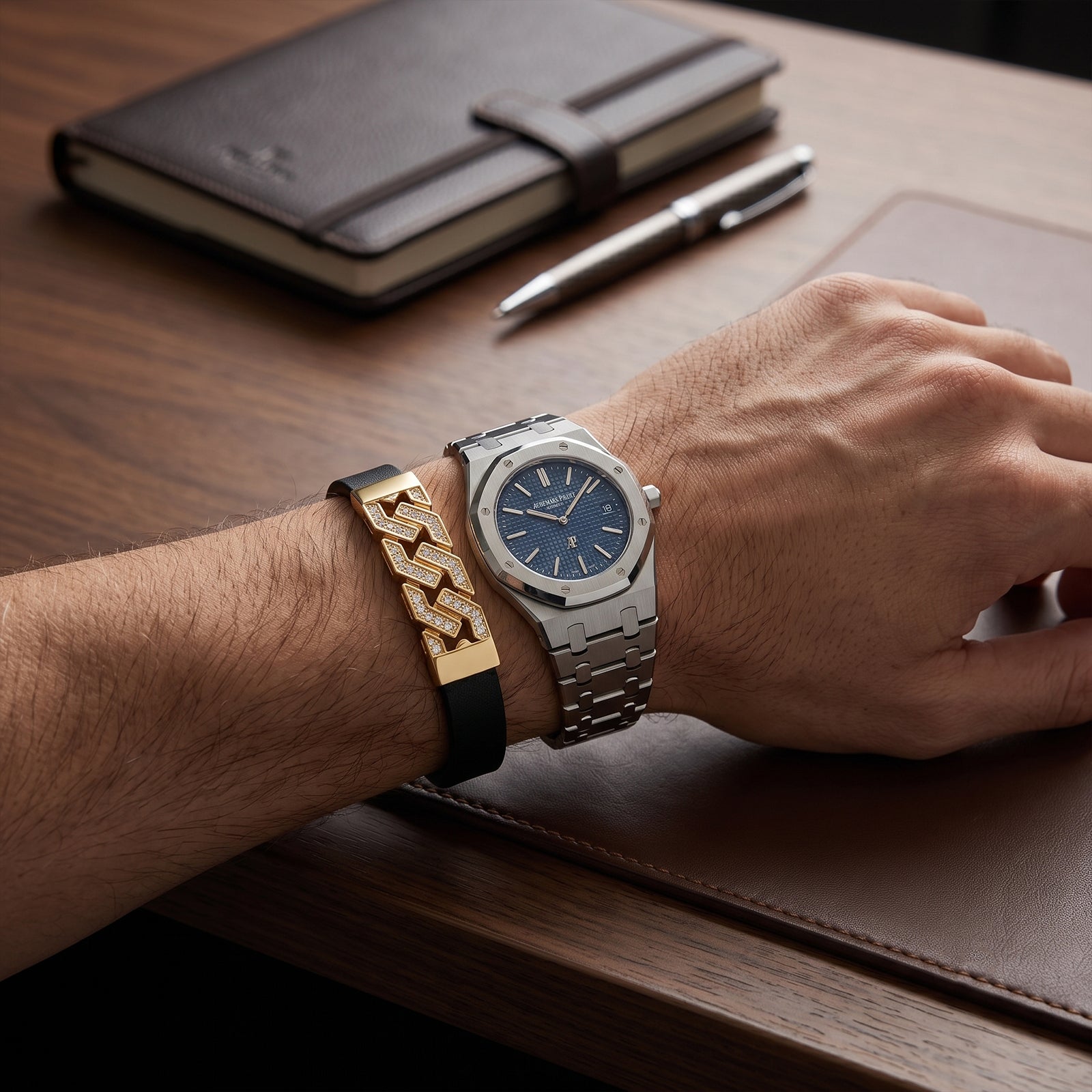 18K Yellow Gold & Diamond Men's Leather Strap Bracelet | Luxury Cuff for Mens
