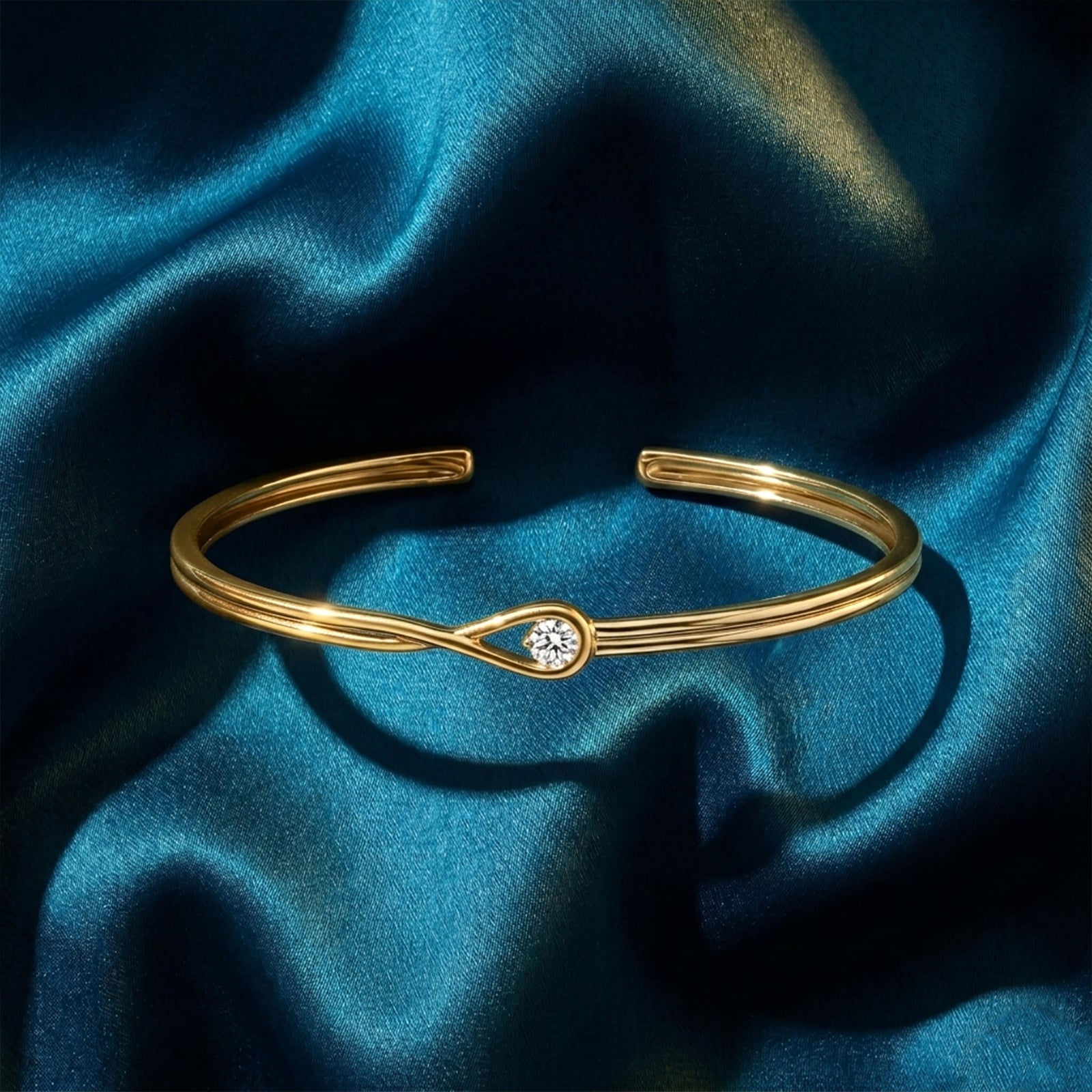18k Gold Teardrop Loop Diamond Cuff Bracelet | Minimalist Open Bangle
