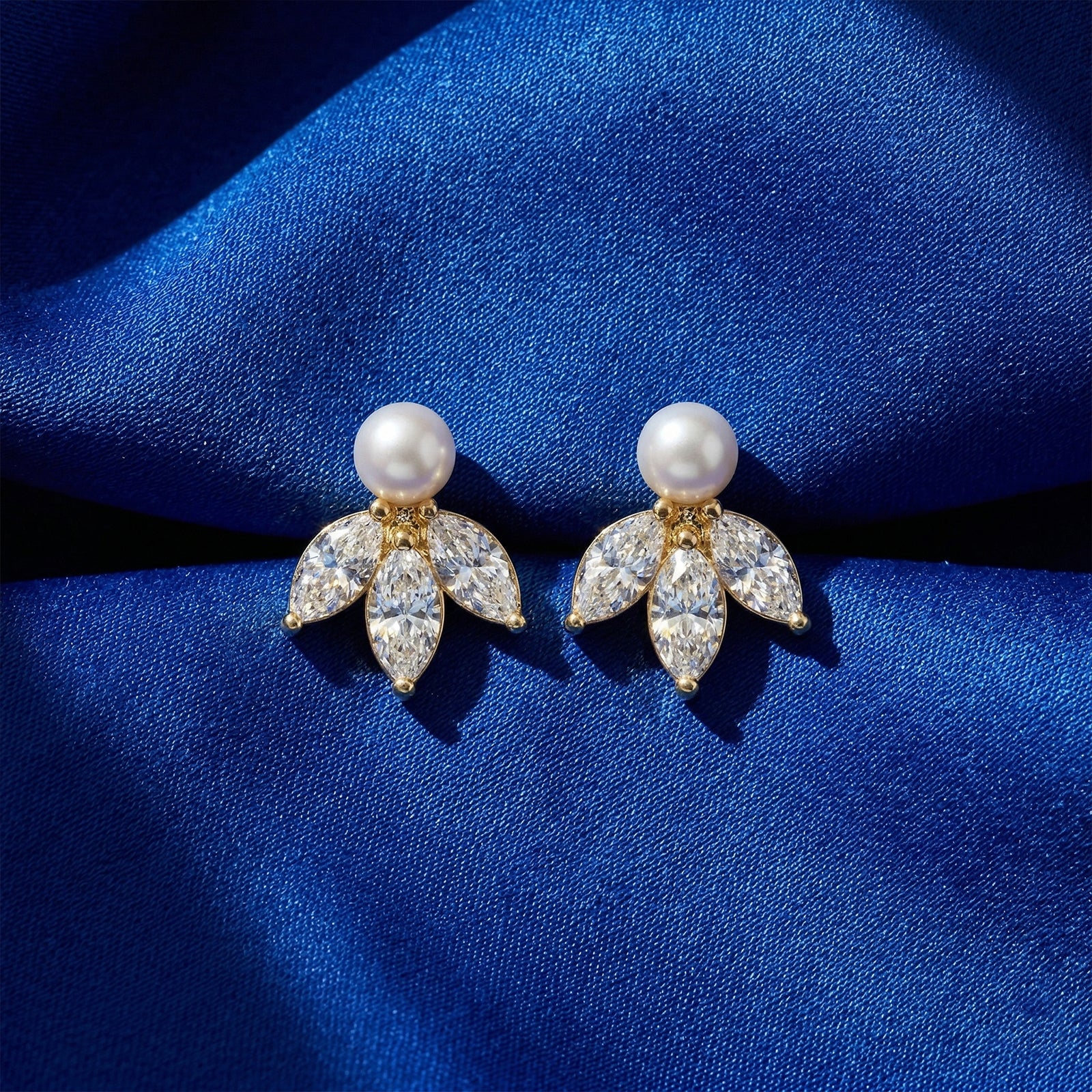 18k Gold Pearl & Marquise Diamond Cluster Stud Earrings | Dainty Bridal Jewelry