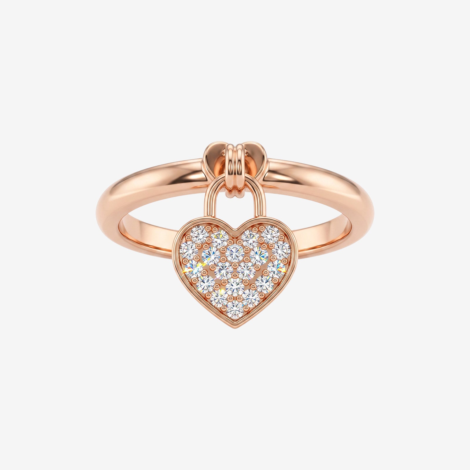 18k Gold Pave Heart Charm Dangle Ring | Statement Ring with Heart padlock