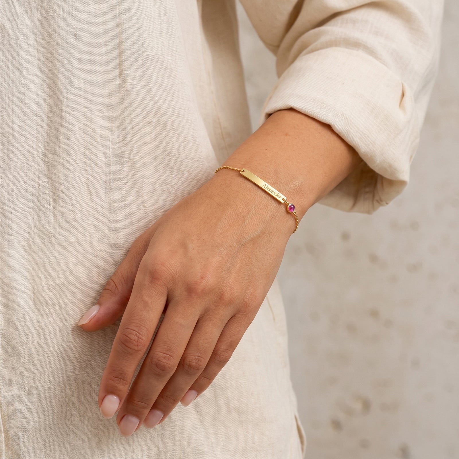 Personalized 18K Solid Gold Engraved Bar Bracelet with Birthstone Gemstone