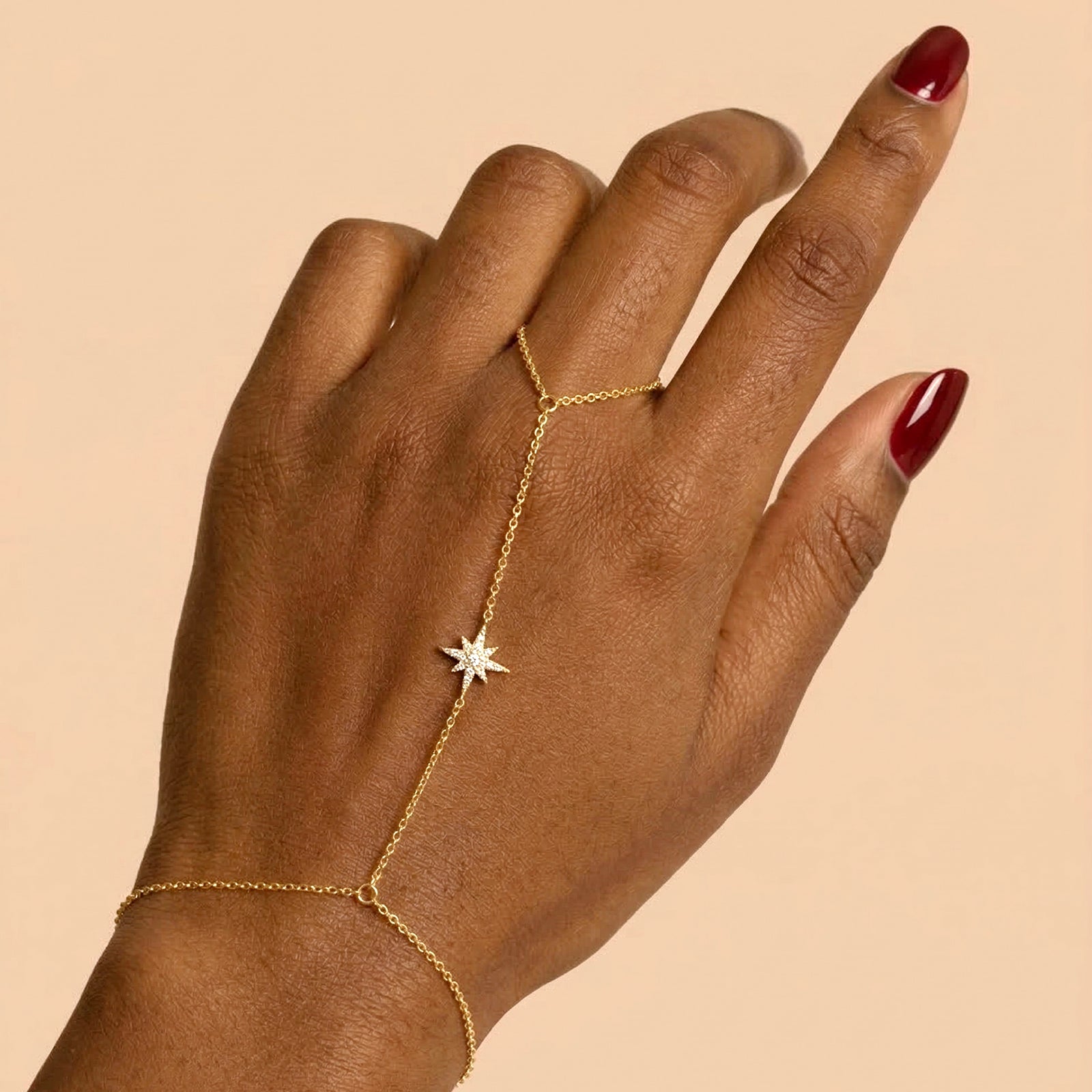 18k Gold North Star Diamond Hand Chain Bracelet | Celestial Finger Bracelet