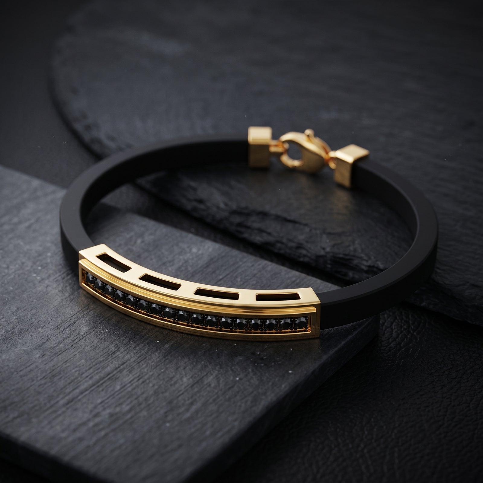 Men's 18K Yellow Gold & Black Spinel Rubber Bracelet | Luxury Bar Bracelet