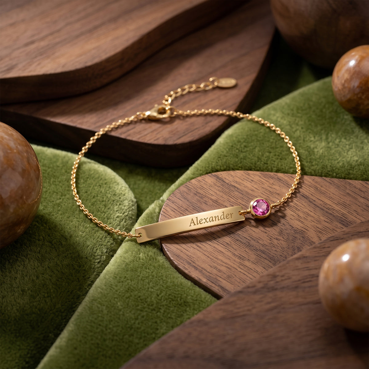 Personalized 18K Solid Gold Engraved Bar Bracelet with Birthstone Gemstone