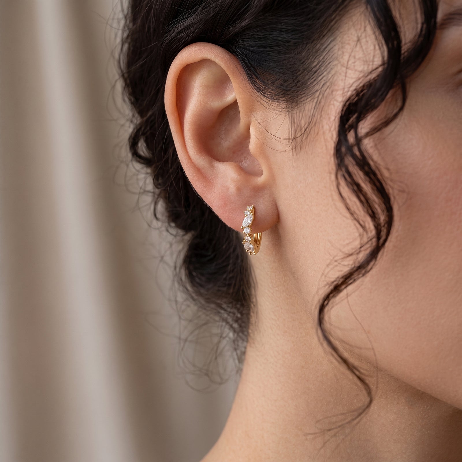 18K Gold Marquise & Round Diamond Huggie Hoop Earrings
