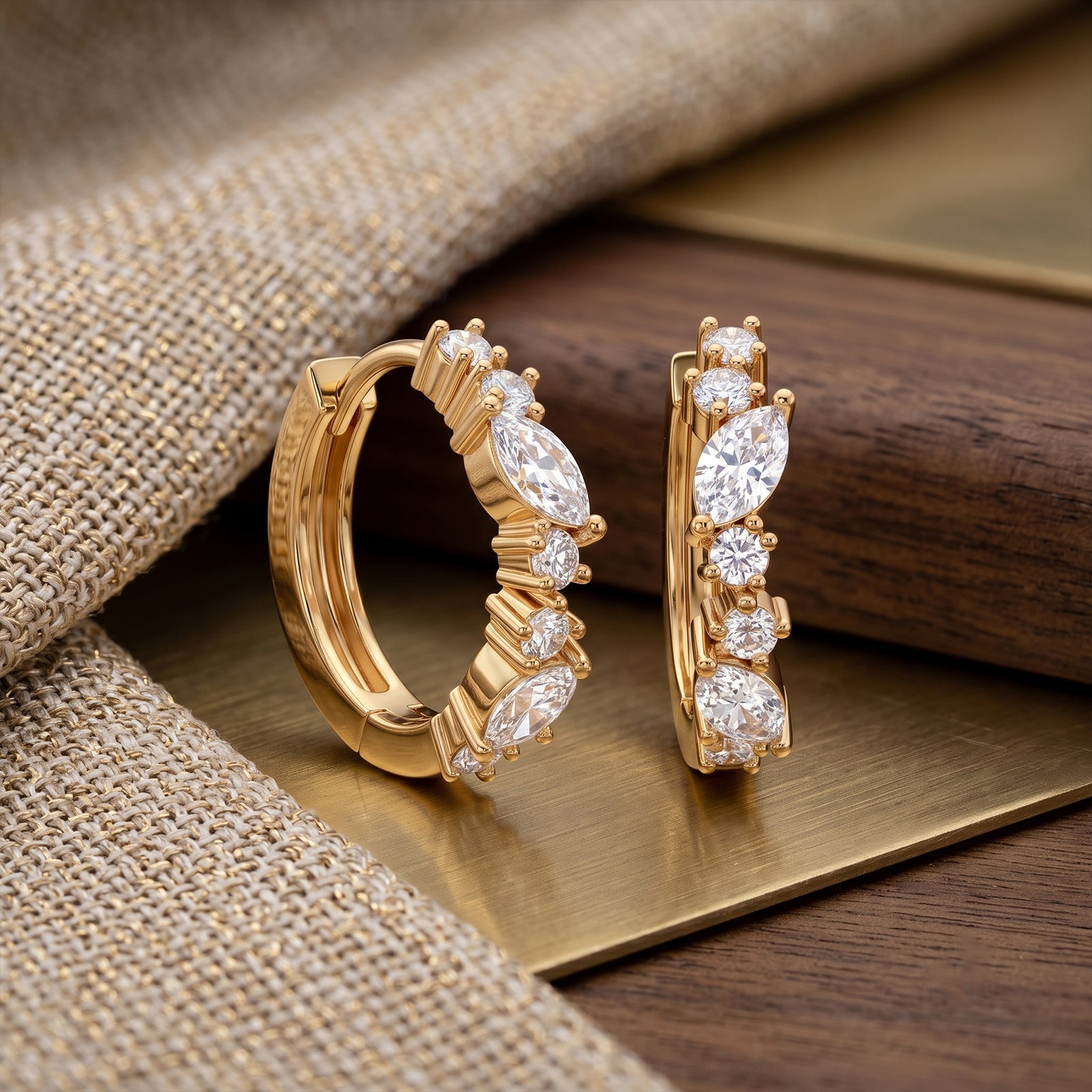 18K Gold Marquise & Round Diamond Huggie Hoop Earrings