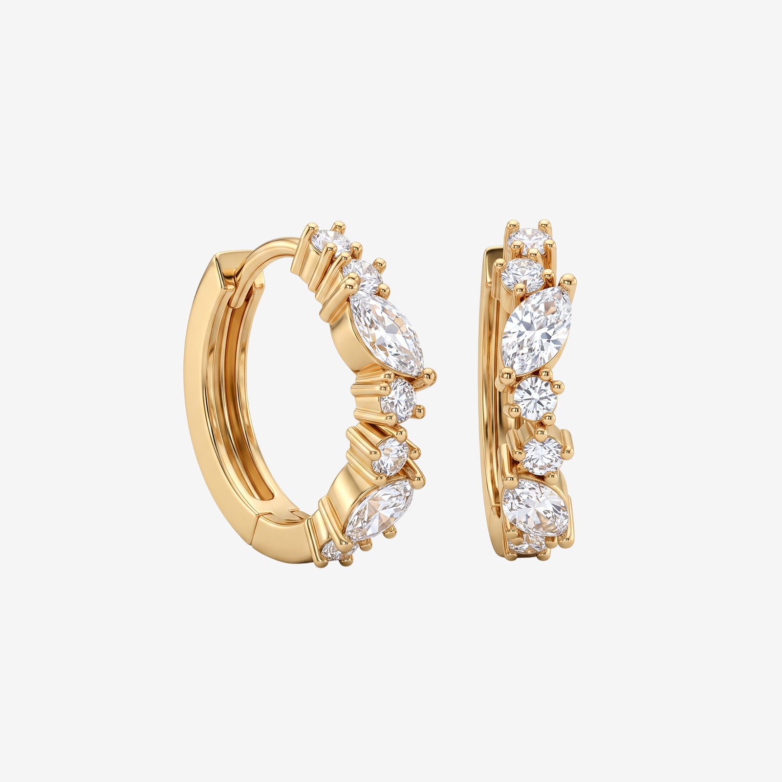 18K Gold Marquise & Round Diamond Huggie Hoop Earrings