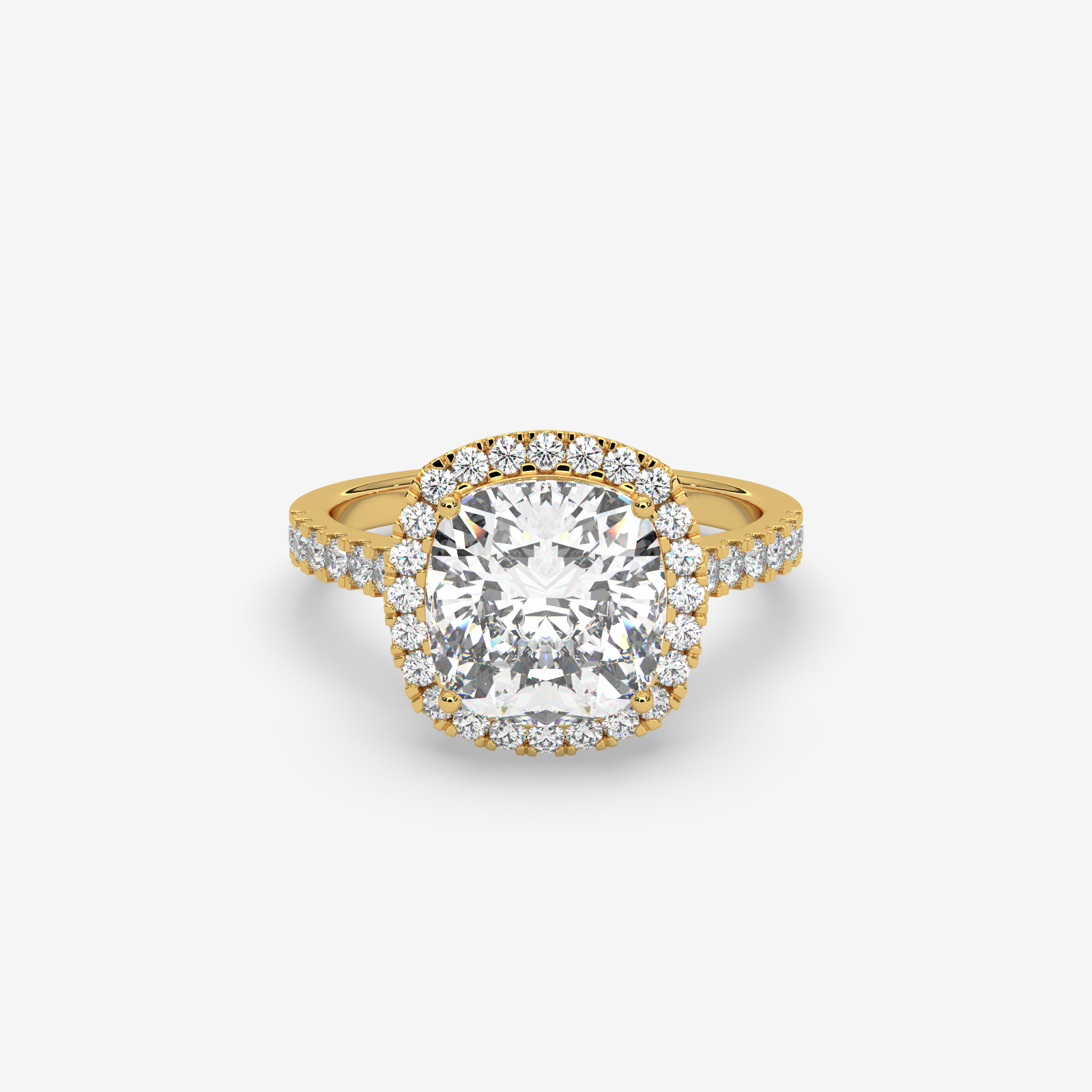 18k Gold Cushion Cut Halo Diamond Engagement Ring | Pave Set Band