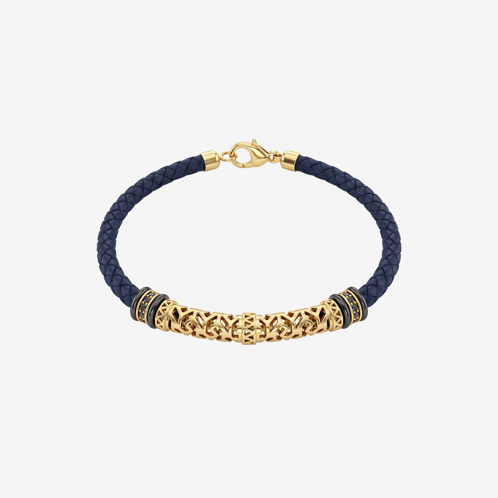 Men's 18K Gold Geometric Tube & Braided Leather Bracelet | Black Spinel Accents
