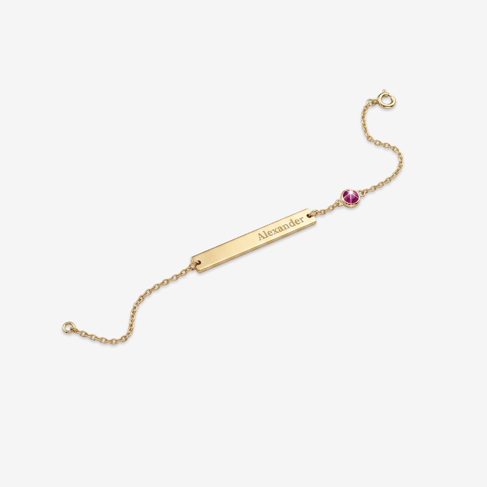 Personalized 18K Solid Gold Engraved Bar Bracelet with Birthstone Gemstone