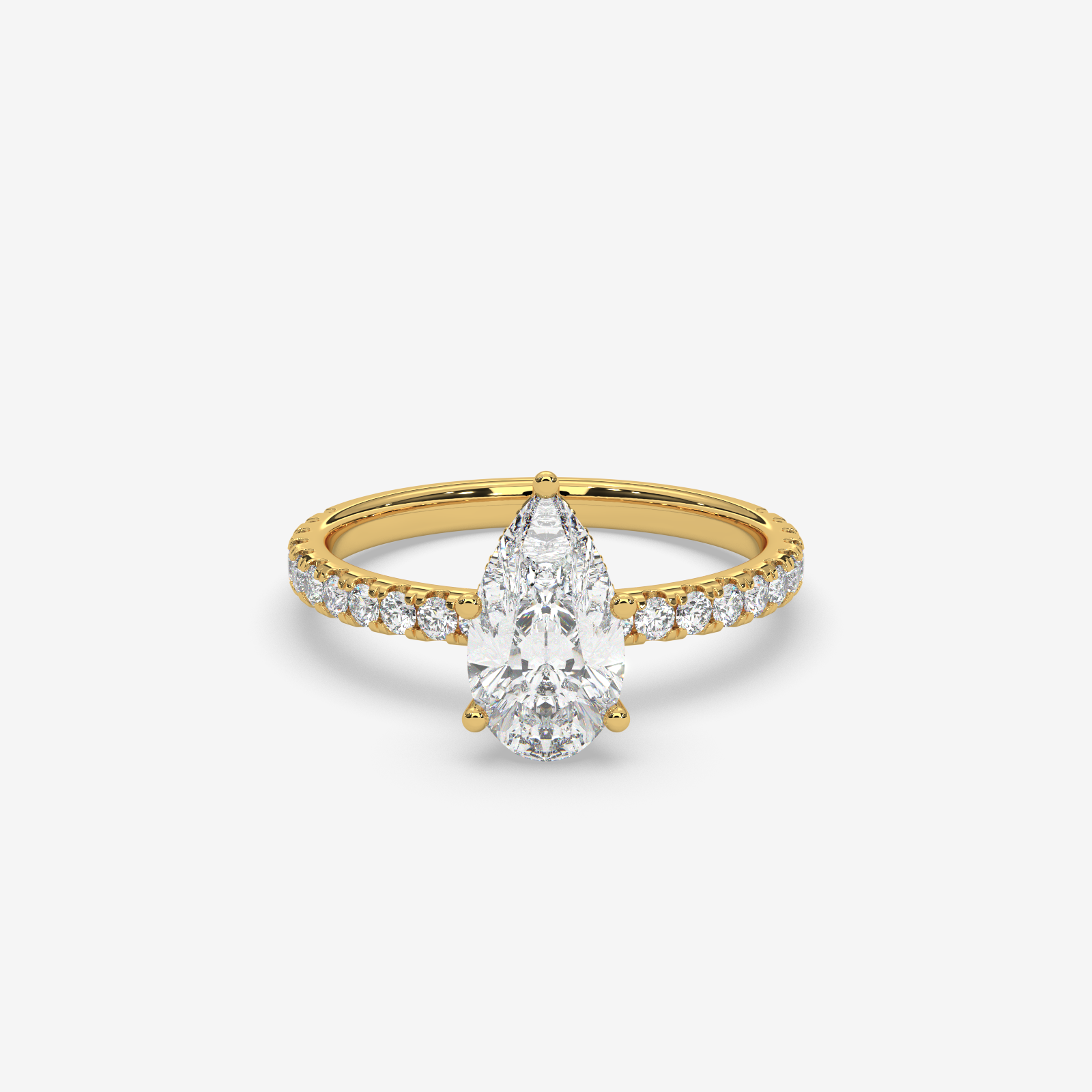 18K Gold Pear Cut Diamond Engagement Ring with Pave Band & Hidden Halo