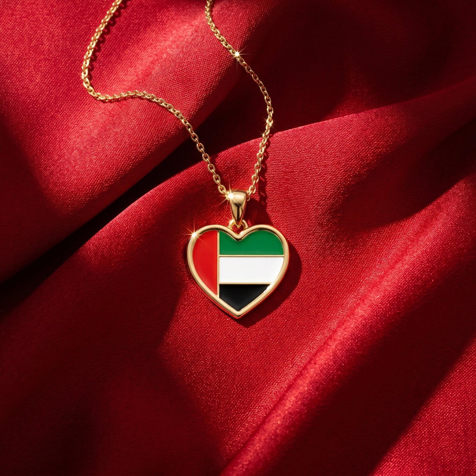 18k Gold UAE Flag Heart Pendant Necklace | Hand-Painted Enamel Jewelry