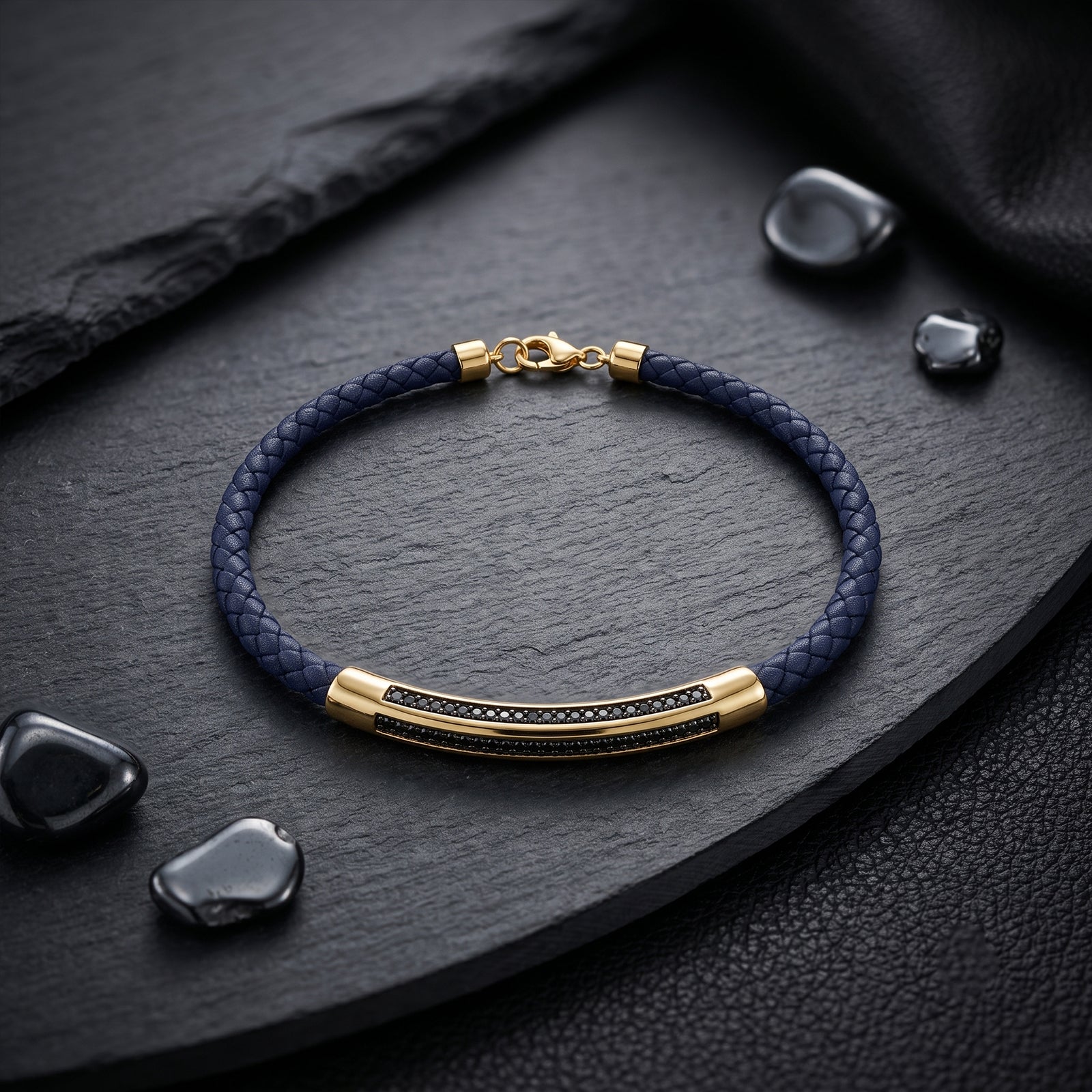 18K Gold & Leather Men's Bracelet with Black Spinel | Luxury Bar Cuff