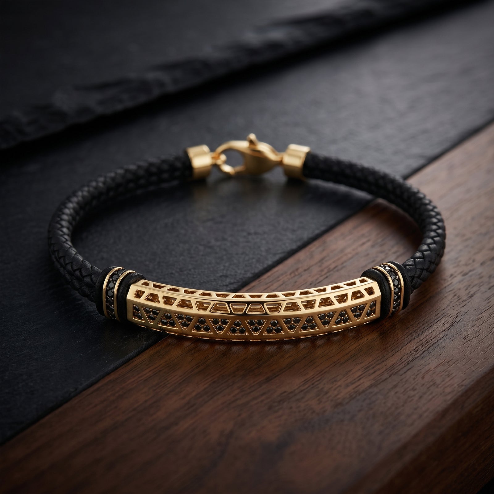 Men's 18K Gold & Black Leather Bracelet with Black Spinel | Luxury Men's Jewelry