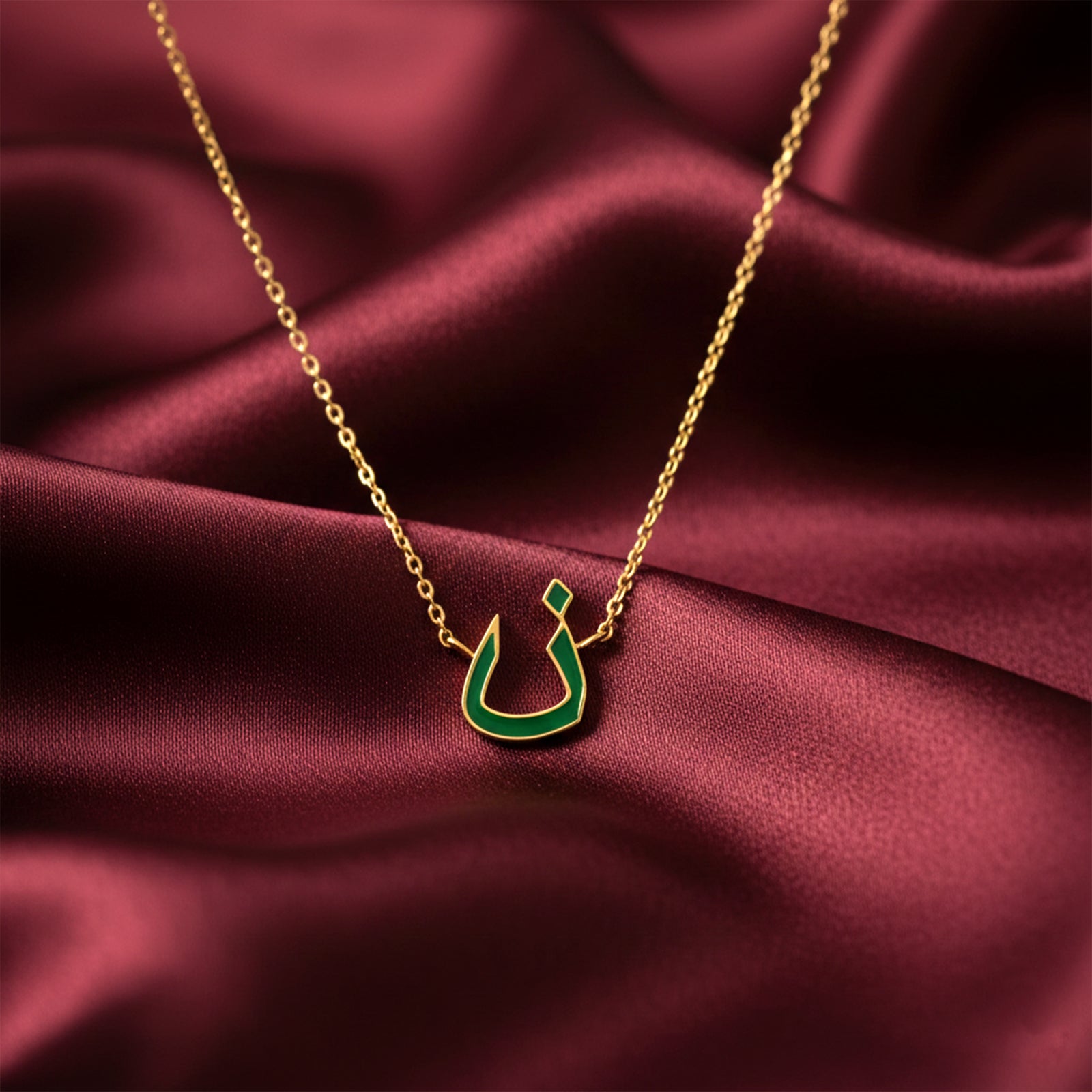 Personalized 18k Gold Arabic Letter Necklace | Custom Green Enamel Initial Pendant