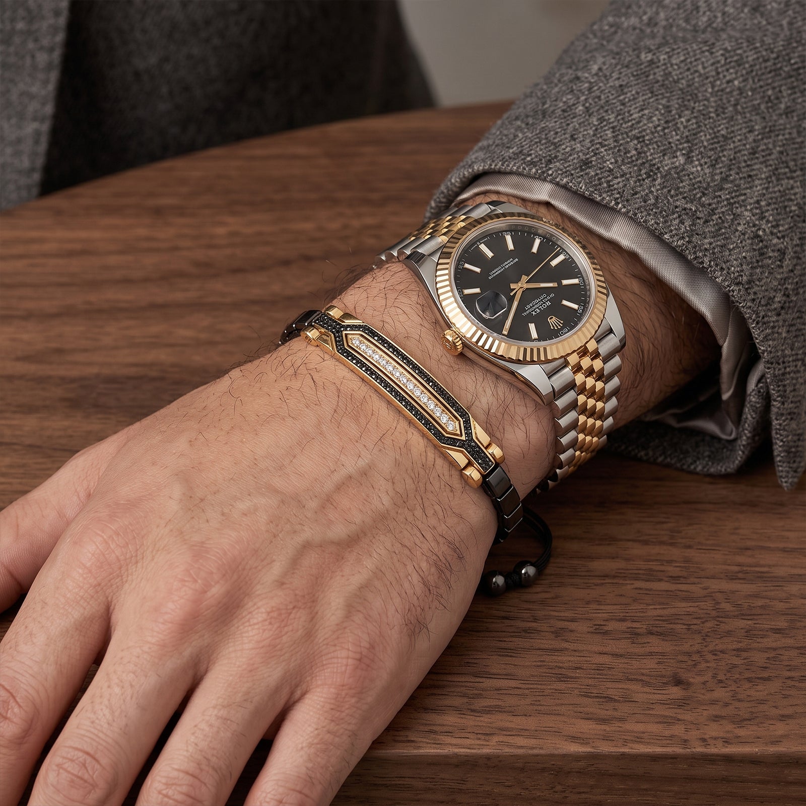 18K Gold & Black Spinel Men's Bracelet | Luxury Diamond Accent Adjustable Cord Bracelet