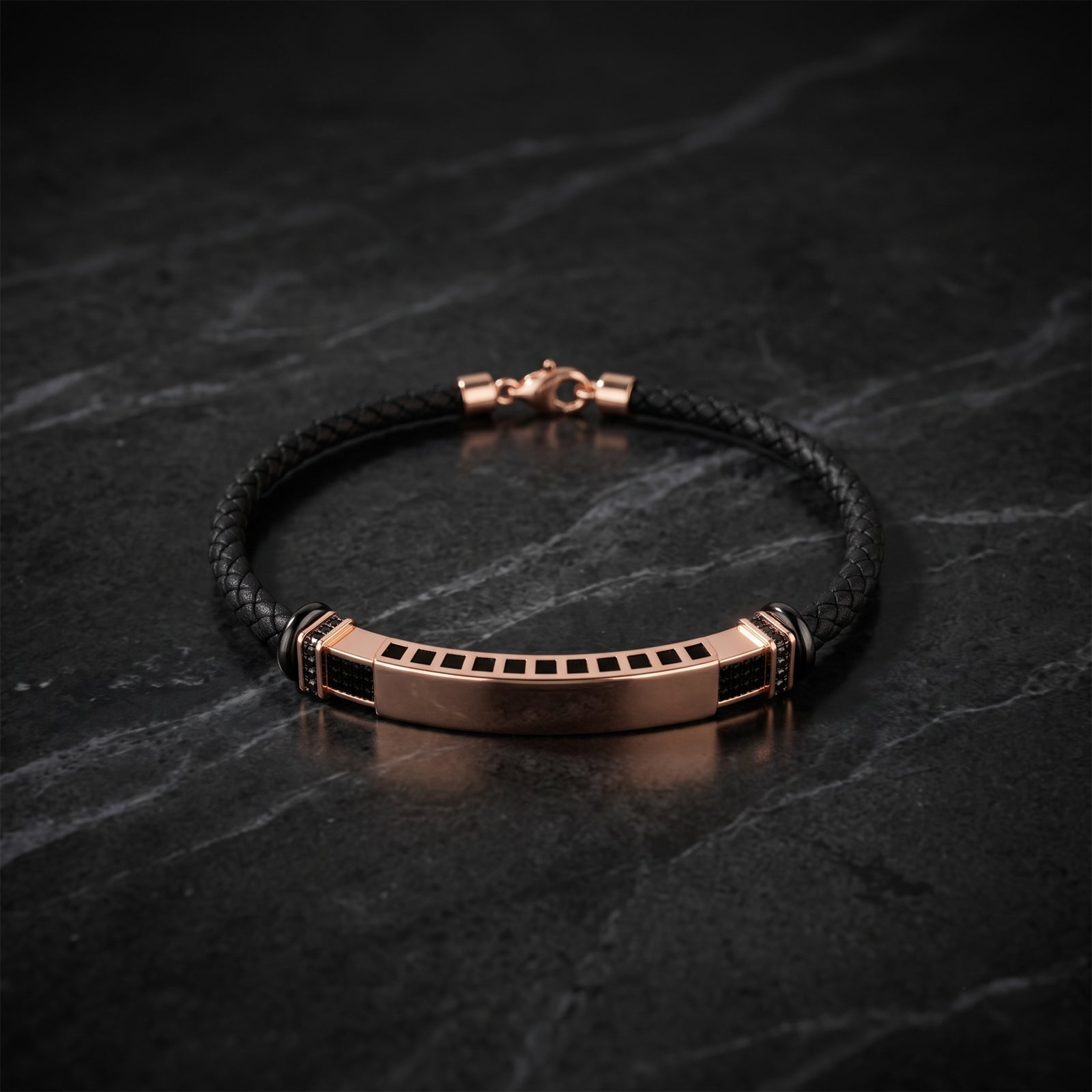 Men's 18K Gold & Black Spinel Leather Bracelet | Luxury Bar Cuff