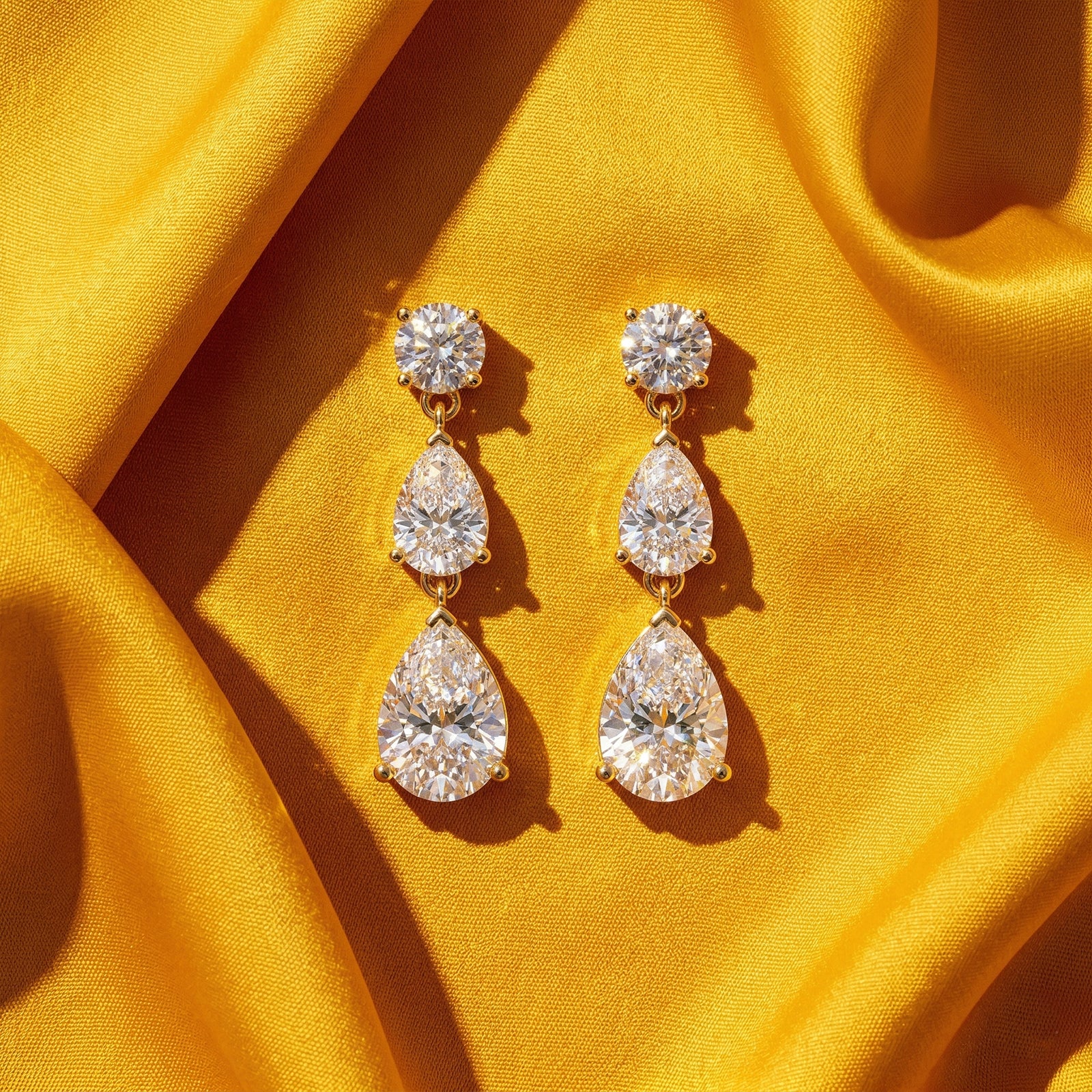18k Gold 3-Stone Diamond Drop Earrings | Round & Pear Shape dangles