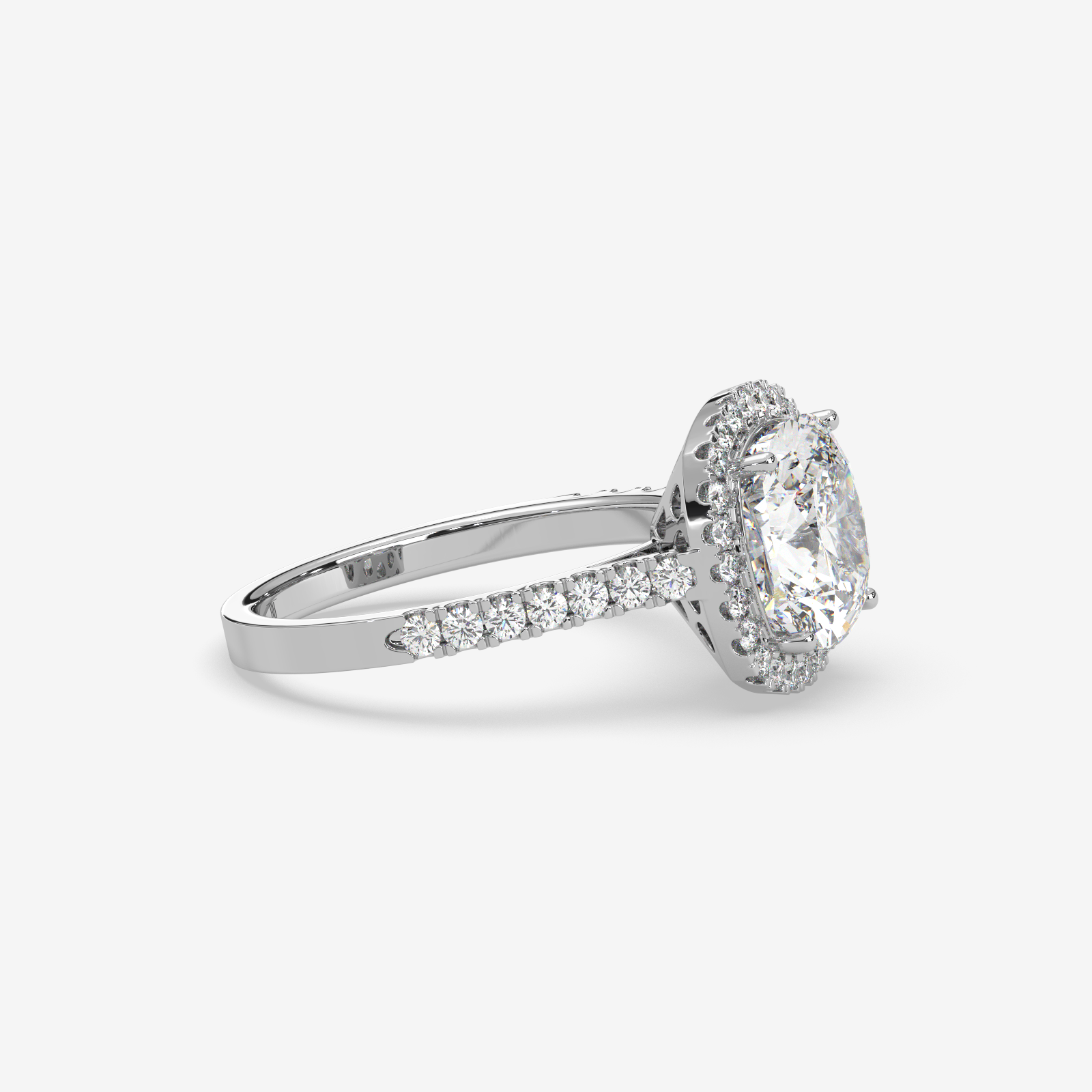 18k Gold Cushion Cut Halo Diamond Engagement Ring | Pave Set Band