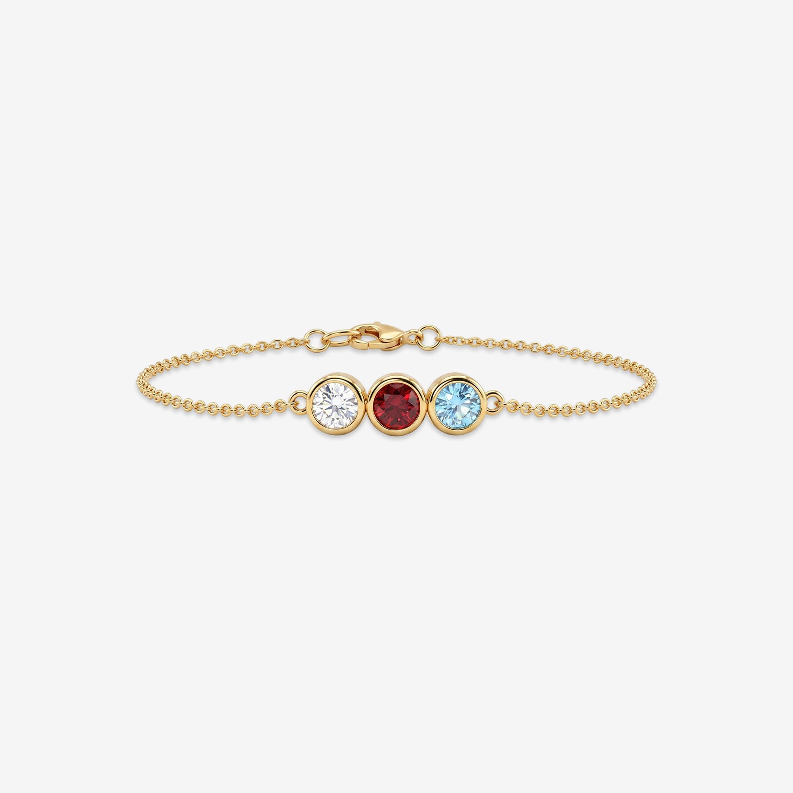 18k Gold Three-Stone Bezel Bracelet | Diamond, Ruby & Aquamarine