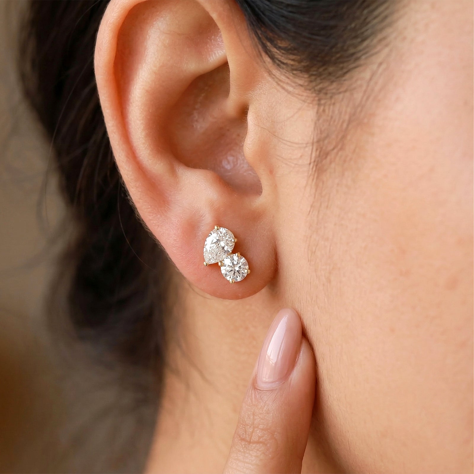 18k Gold Diamond Cluster Stud Earrings | Pear & Round Cut