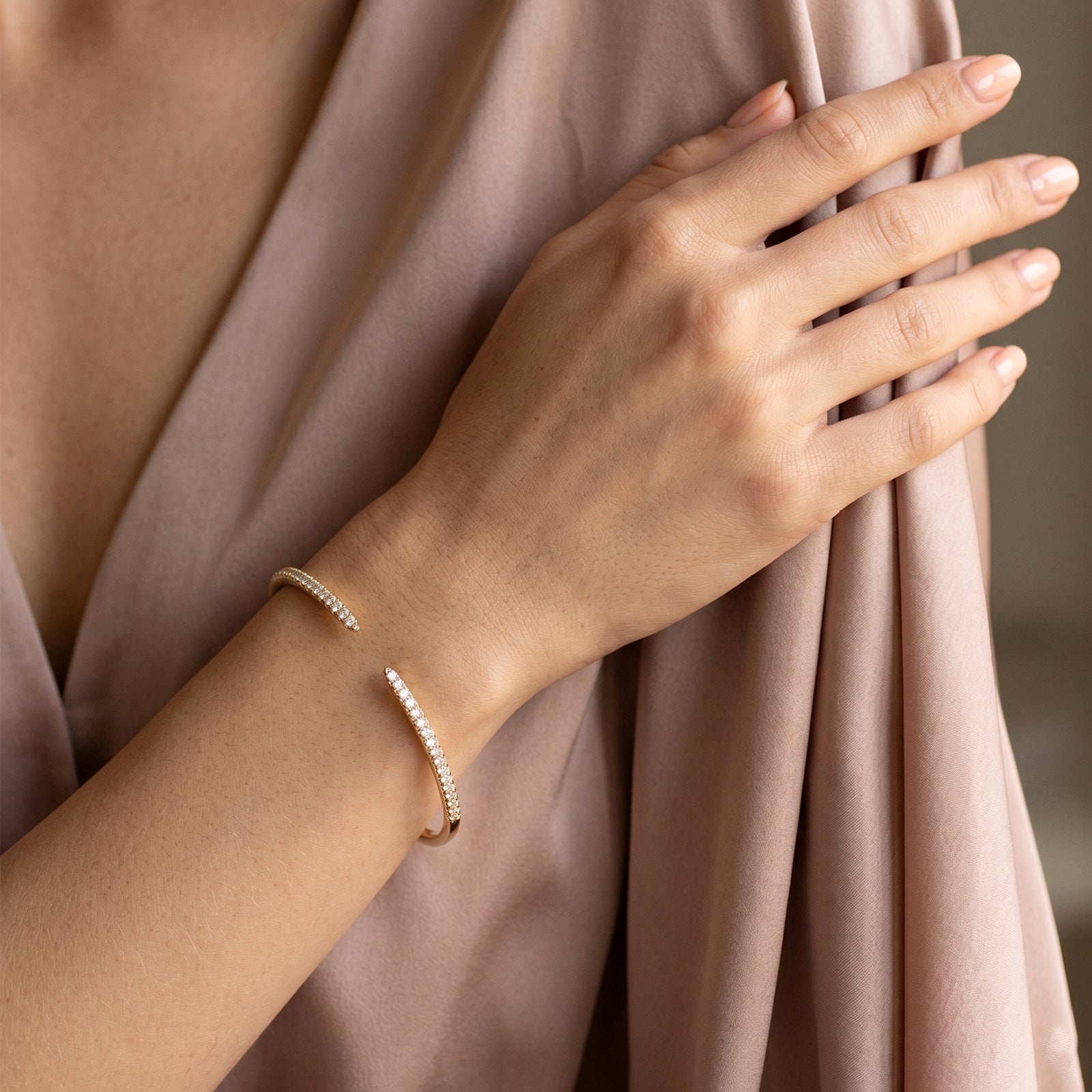18k Gold Diamond Open Cuff Bangle | Minimalist Pave Diamond Bracelet