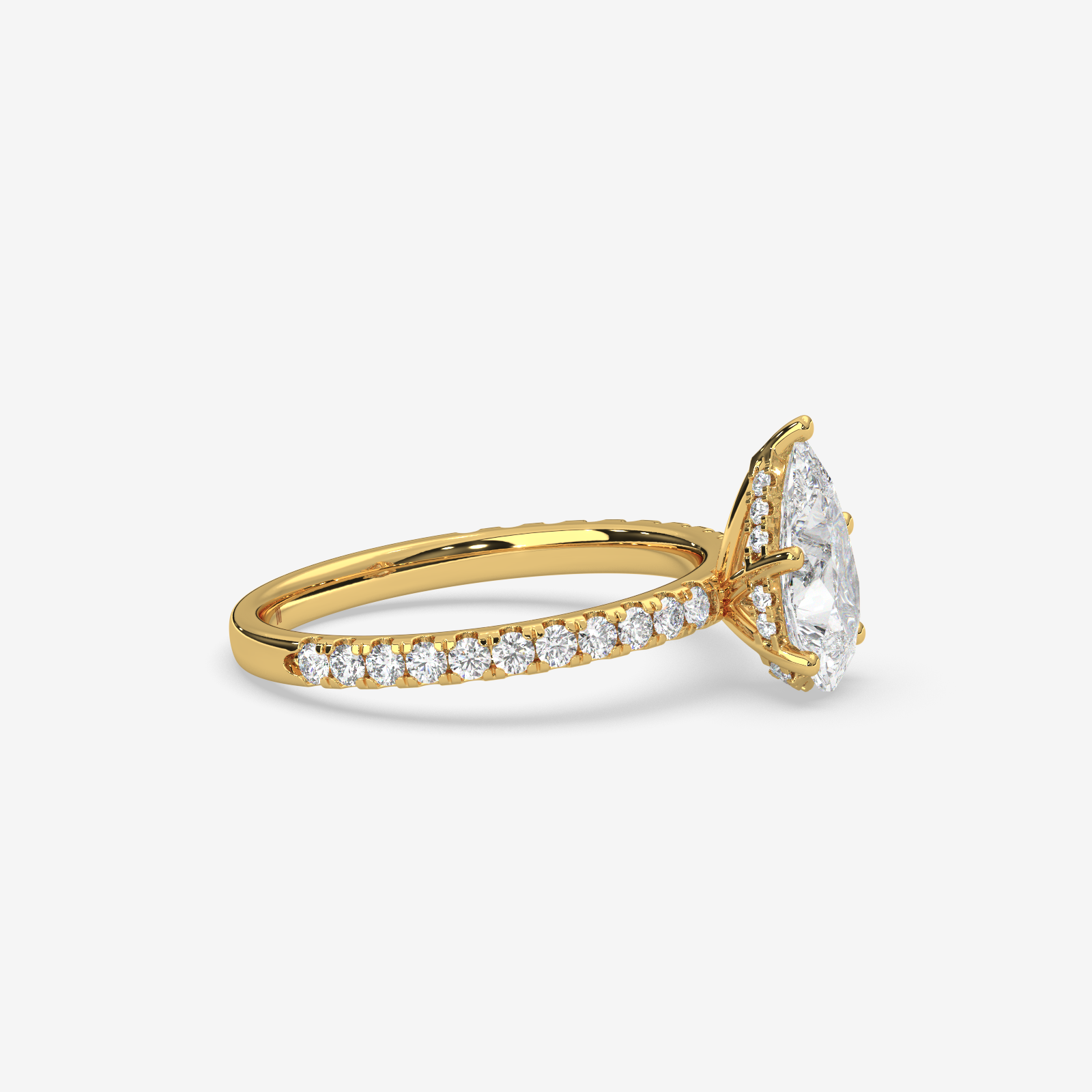 18K Gold Pear Cut Diamond Engagement Ring with Pave Band & Hidden Halo
