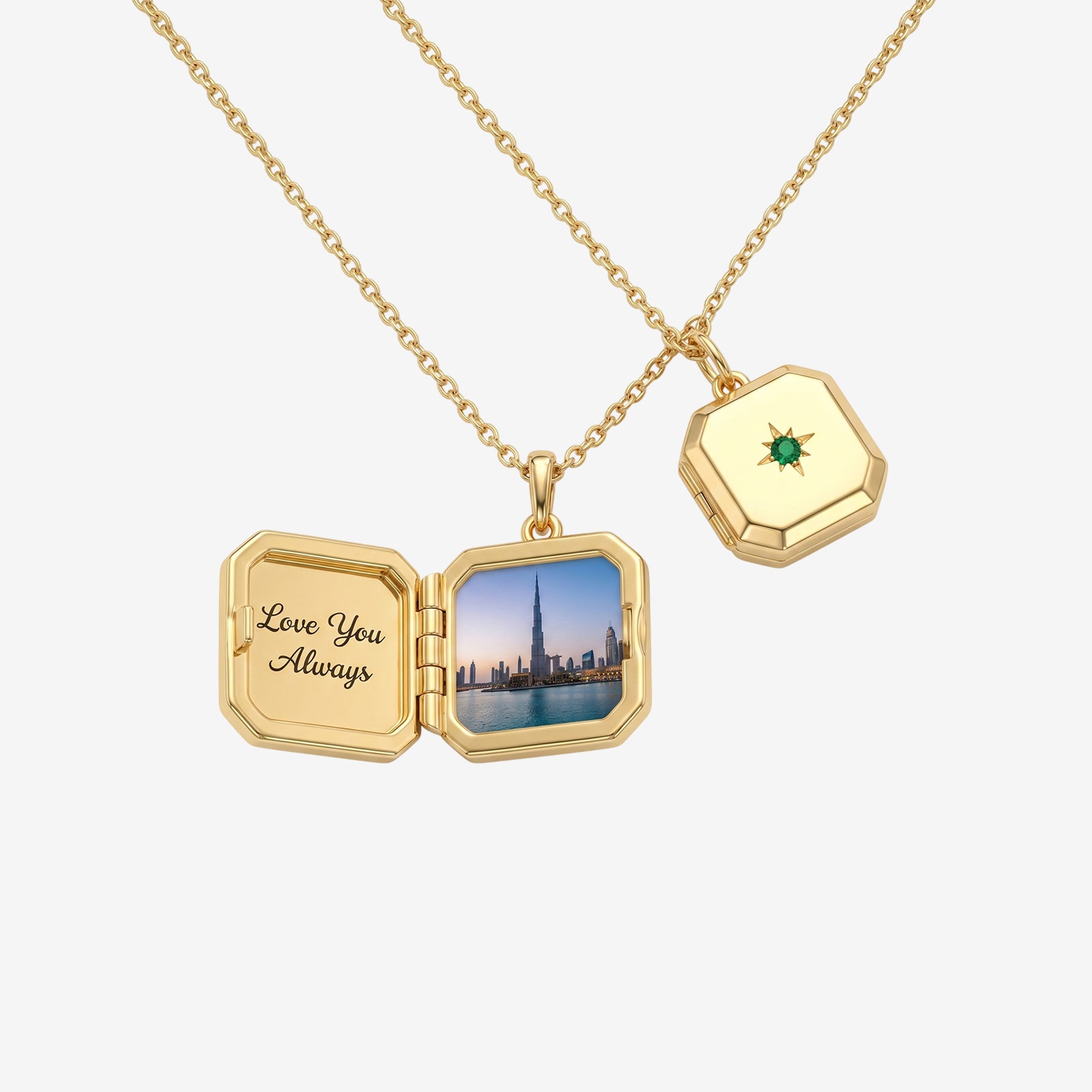 18k Gold Octagonal Personalized Photo Locket Necklace | Emerald Starburst Engraved Pendant