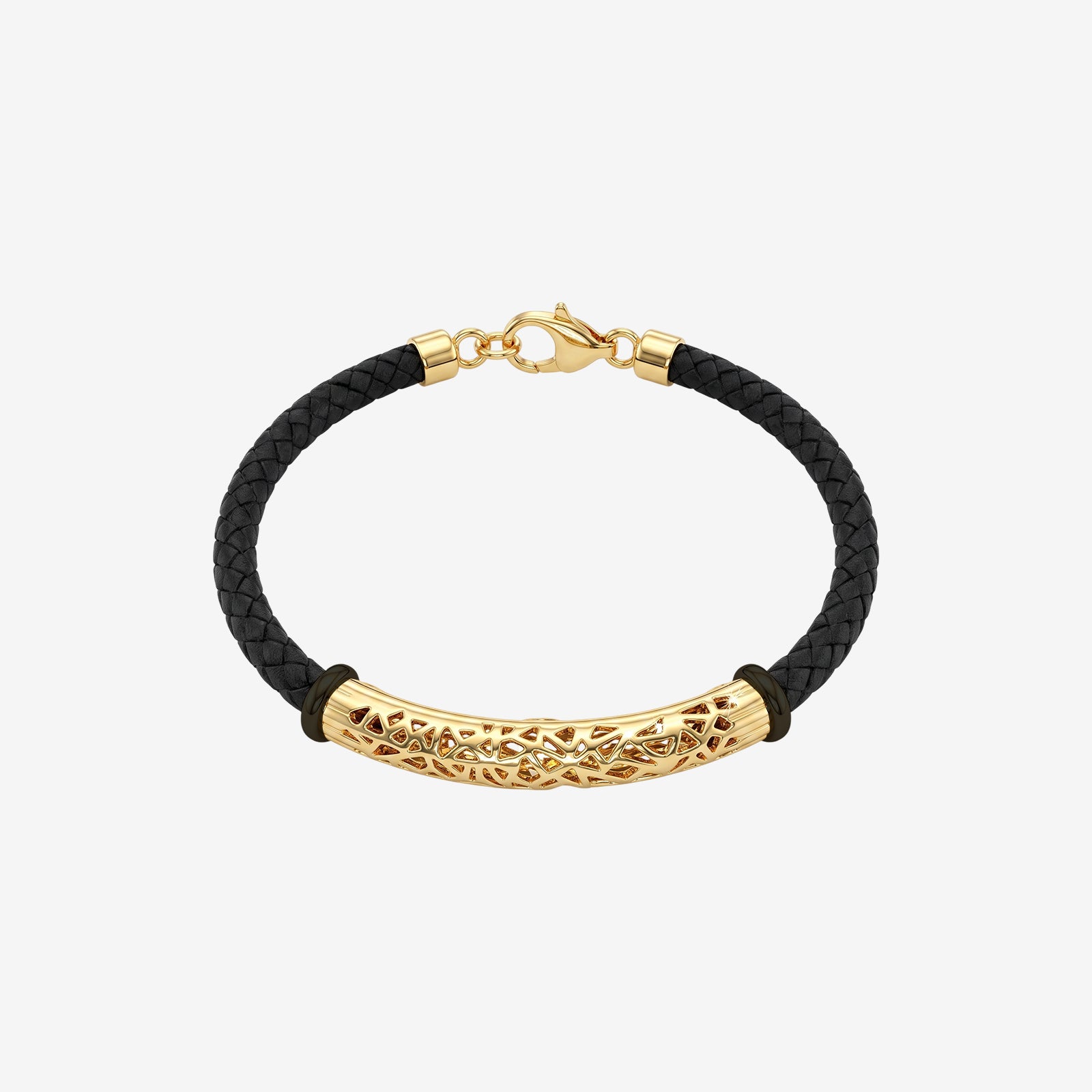 Men's 18K Gold & Black Braided Leather Bracelet | Luxury Gold Cuff