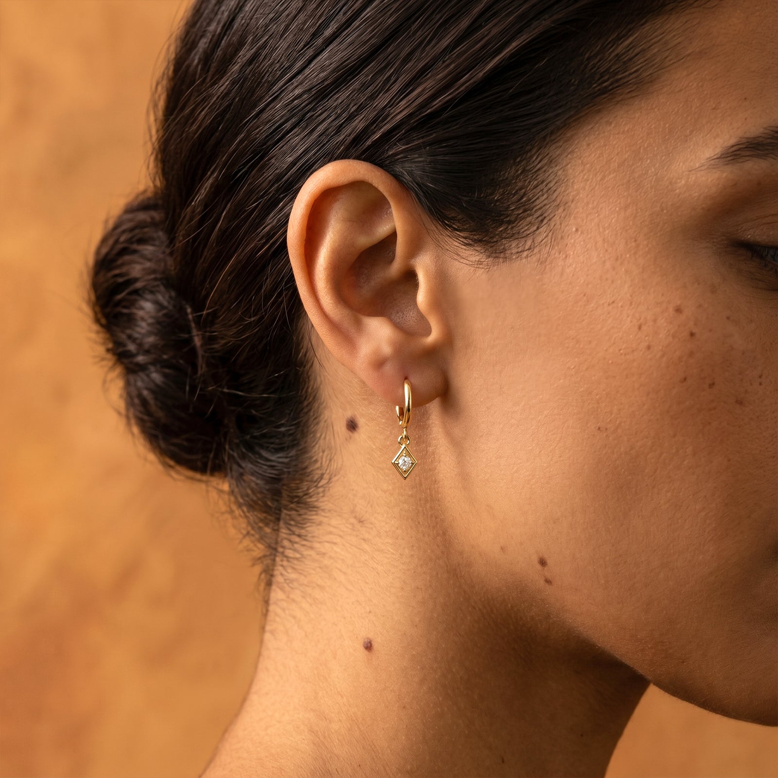 18k Gold Rhombus Diamond Drop Huggie Earrings | Dainty Geometric Hoop Charm Earrings