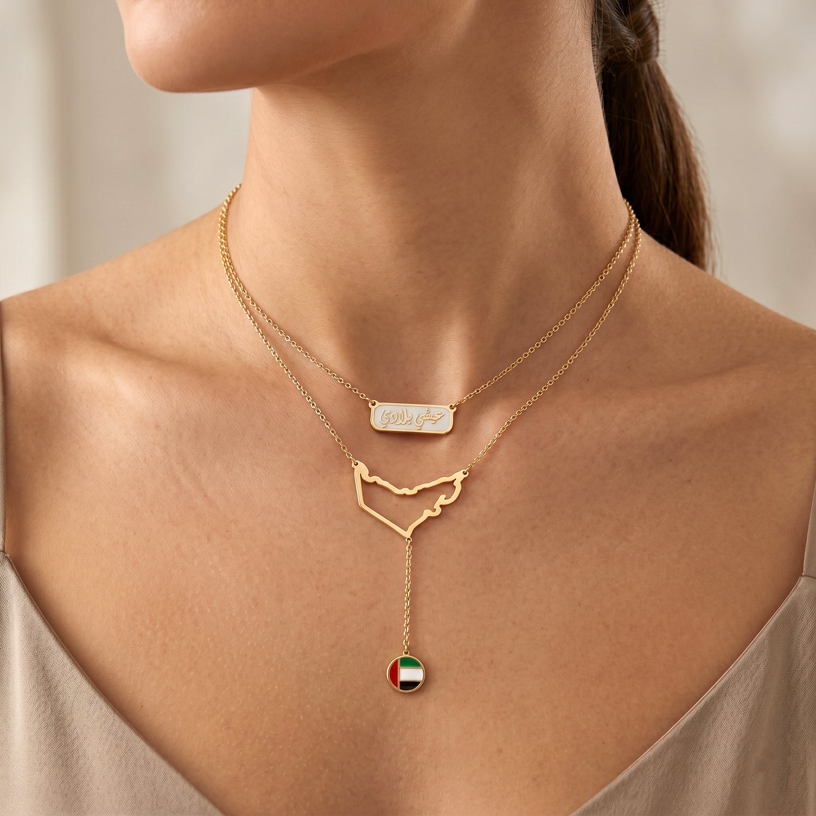 18K Gold UAE Map & Calligraphy Layered Necklace | Emirates Heritage Jewelry