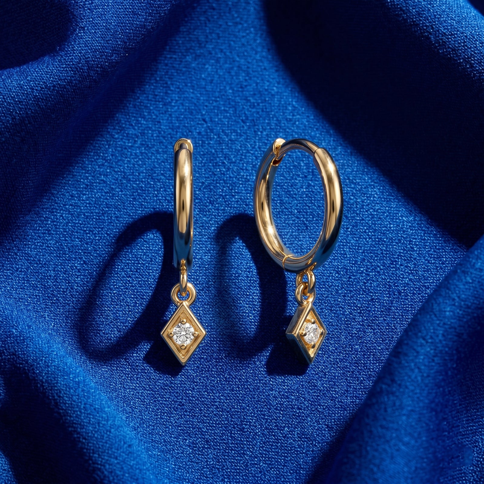 18k Gold Rhombus Diamond Drop Huggie Earrings | Dainty Geometric Hoop Charm Earrings