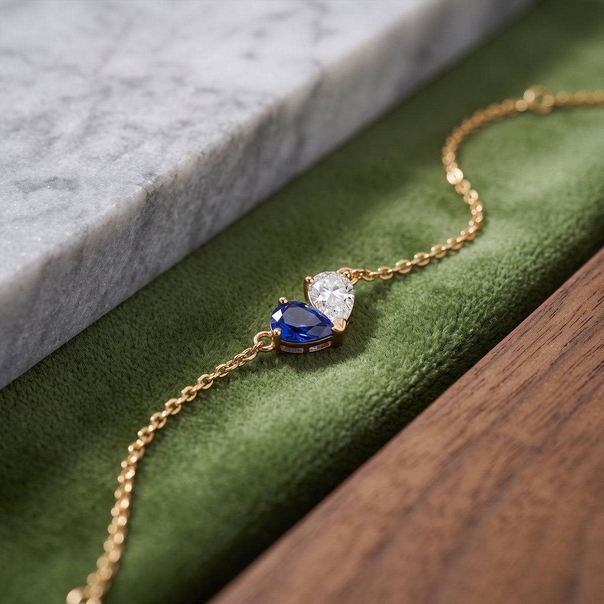 18k Gold Sapphire & Diamond Toi et Moi Heart Bracelet | Minimalist Birthstone Fine Jewelry