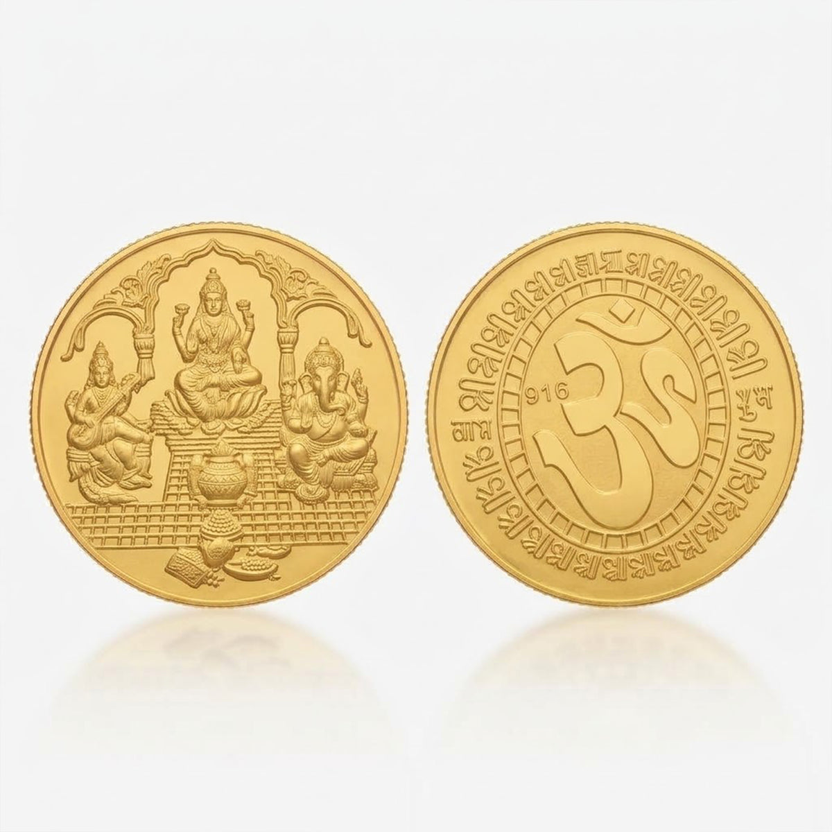 22K Pure Gold Lakshmi Ganesha Saraswati Coin (916 Hallmarked) | Sacred Om & Mantra Engraved