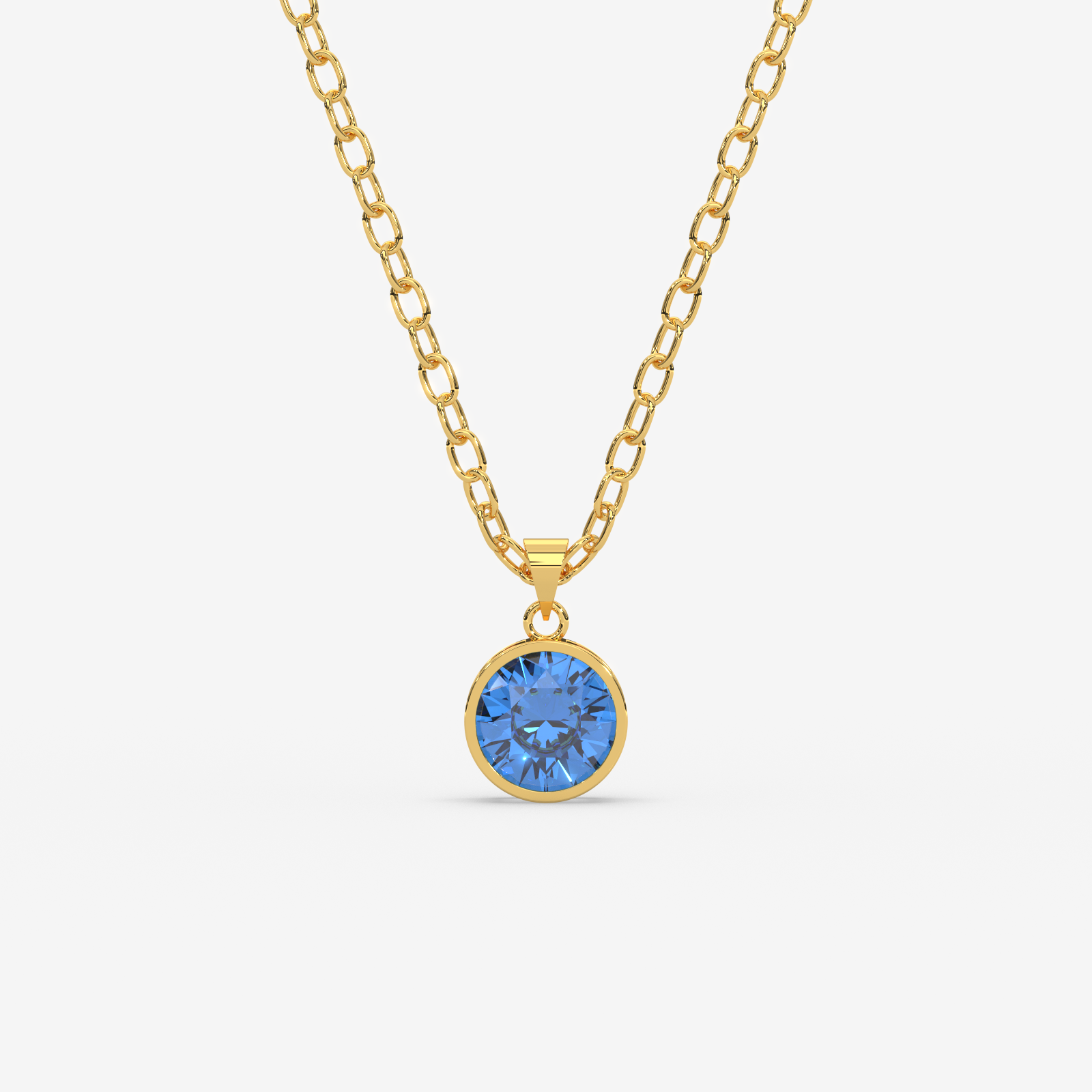 18K Gold Blue Topaz Solitaire Bezel Pendant Necklace