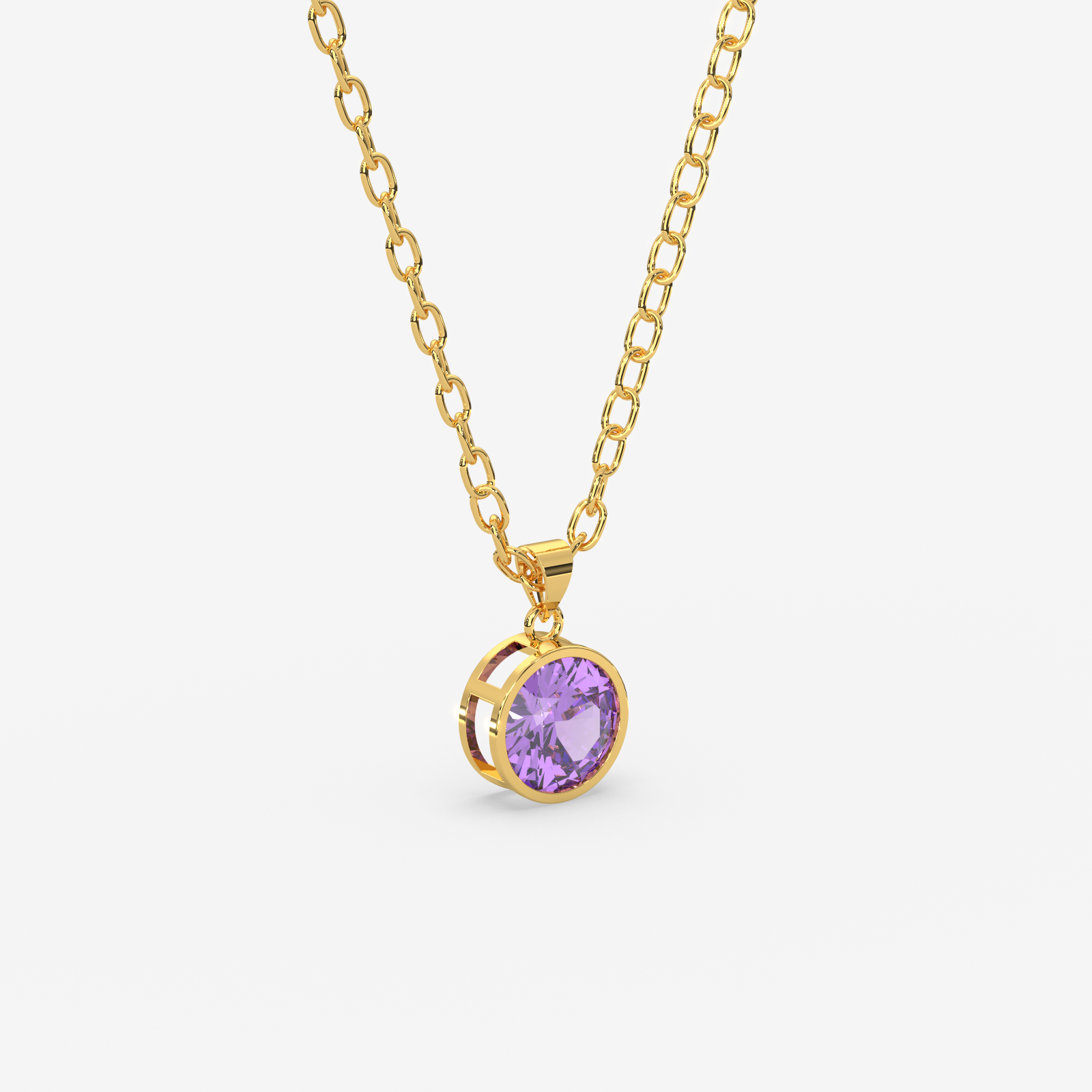 18K Gold Amethyst Solitaire Bezel Pendant Necklace