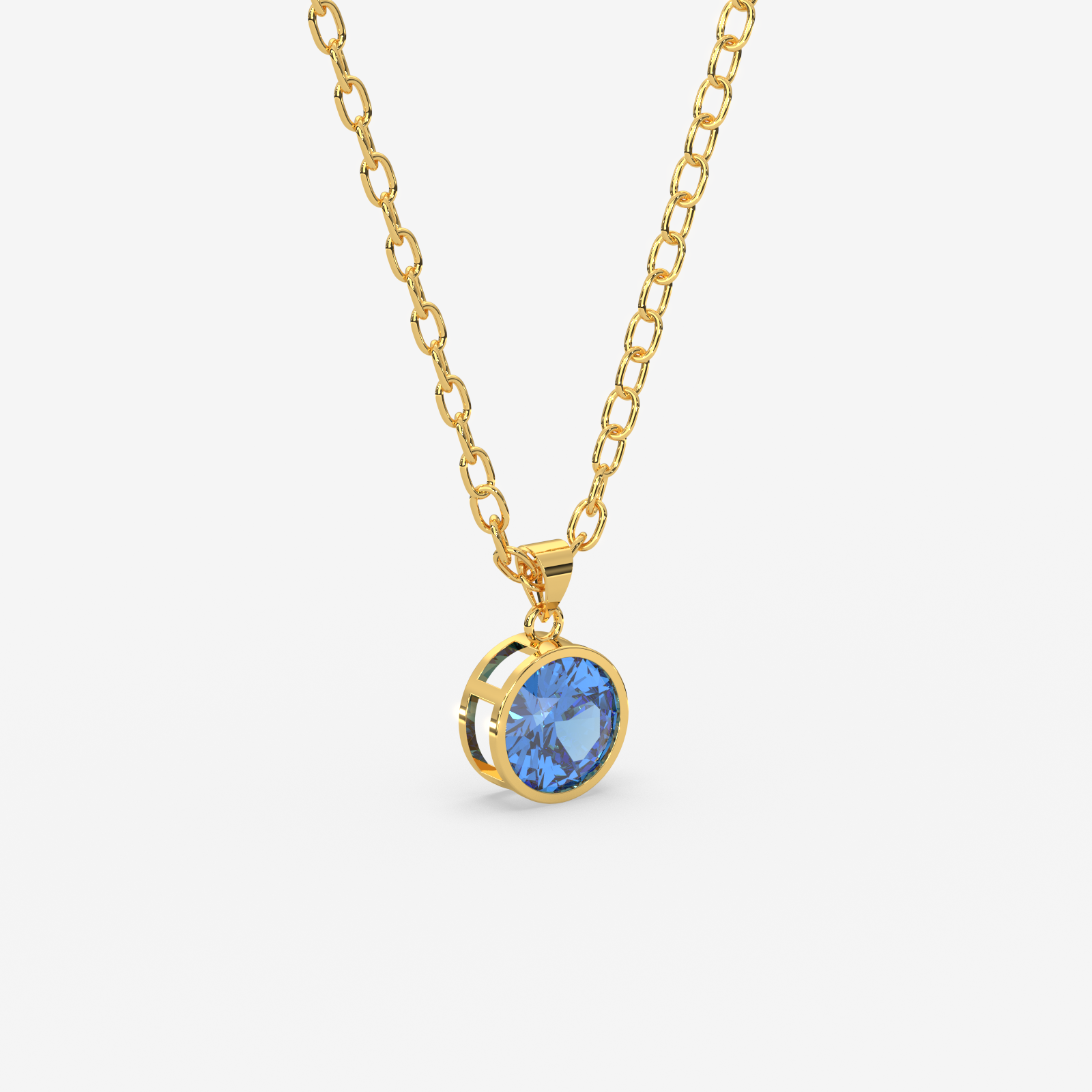 18K Gold Blue Topaz Solitaire Bezel Pendant Necklace