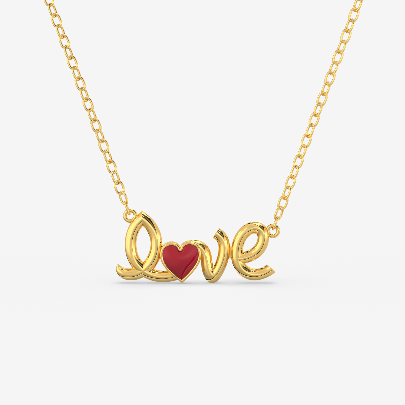 18K Gold "Love" Script Necklace with Red Heart - Elegant Valentine's Day Gift
