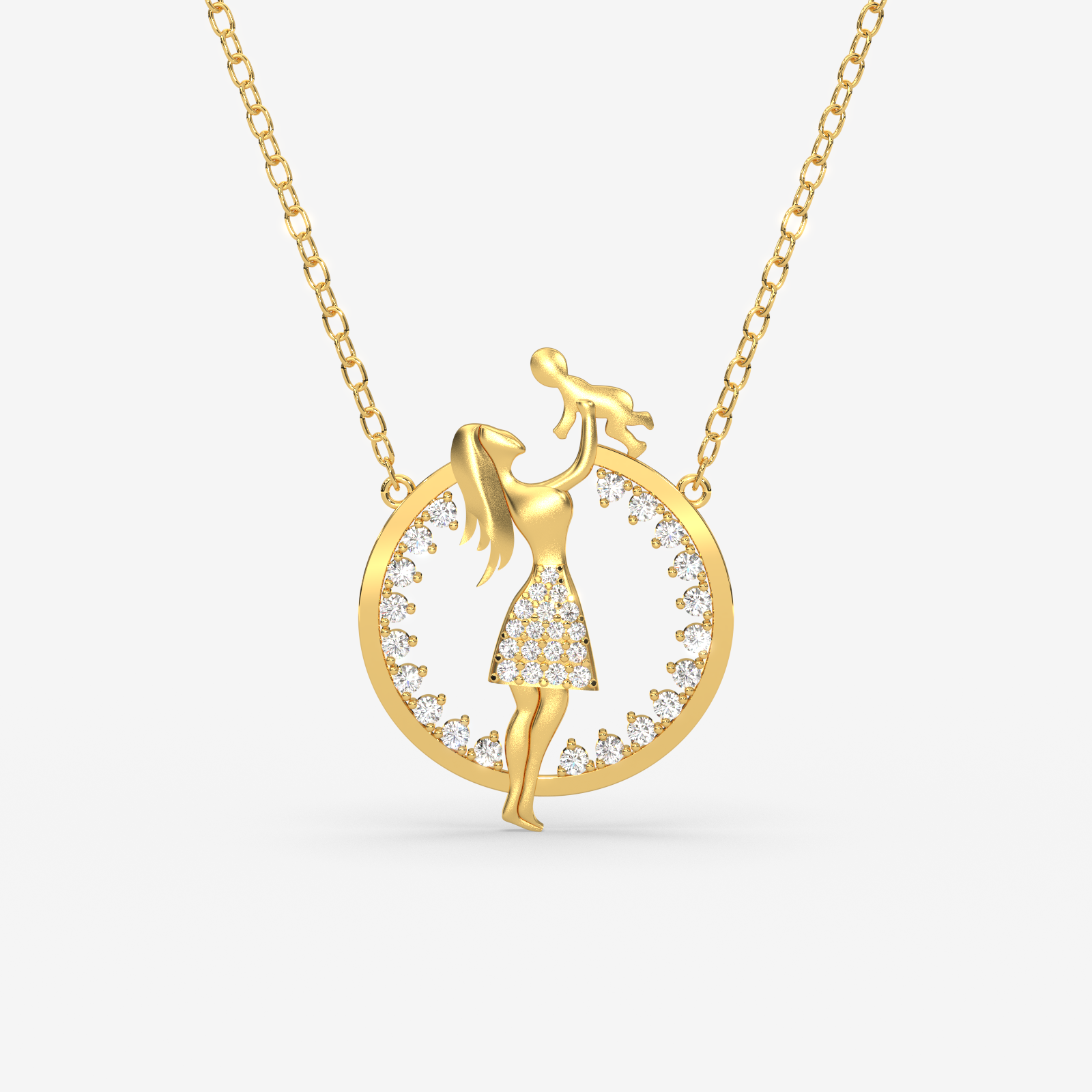 18K Gold Mother & Child Diamond Necklace - Dainty Mom & Baby Pendant